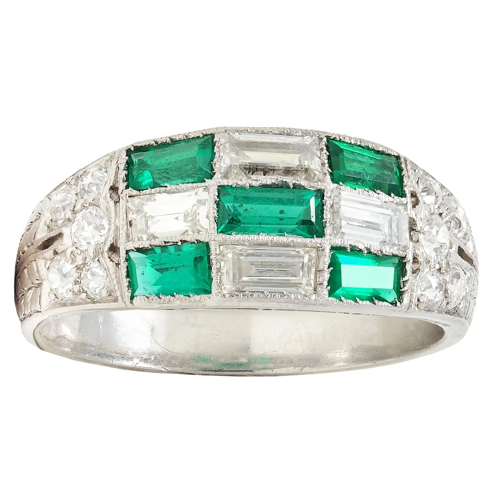 Art Deco 1.22 CTW Emerald Diamond Platinum Antique Wheat Checkerboard Band Ring - Image 10