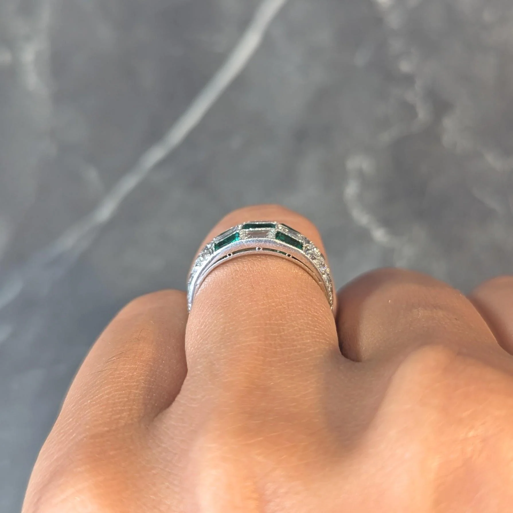 Art Deco 1.22 CTW Emerald Diamond Platinum Antique Wheat Checkerboard Band Ring - Image 11