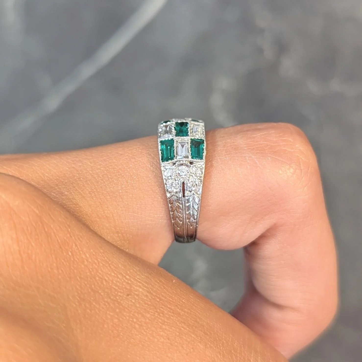 Art Deco 1.22 CTW Emerald Diamond Platinum Antique Wheat Checkerboard Band Ring - Image 13