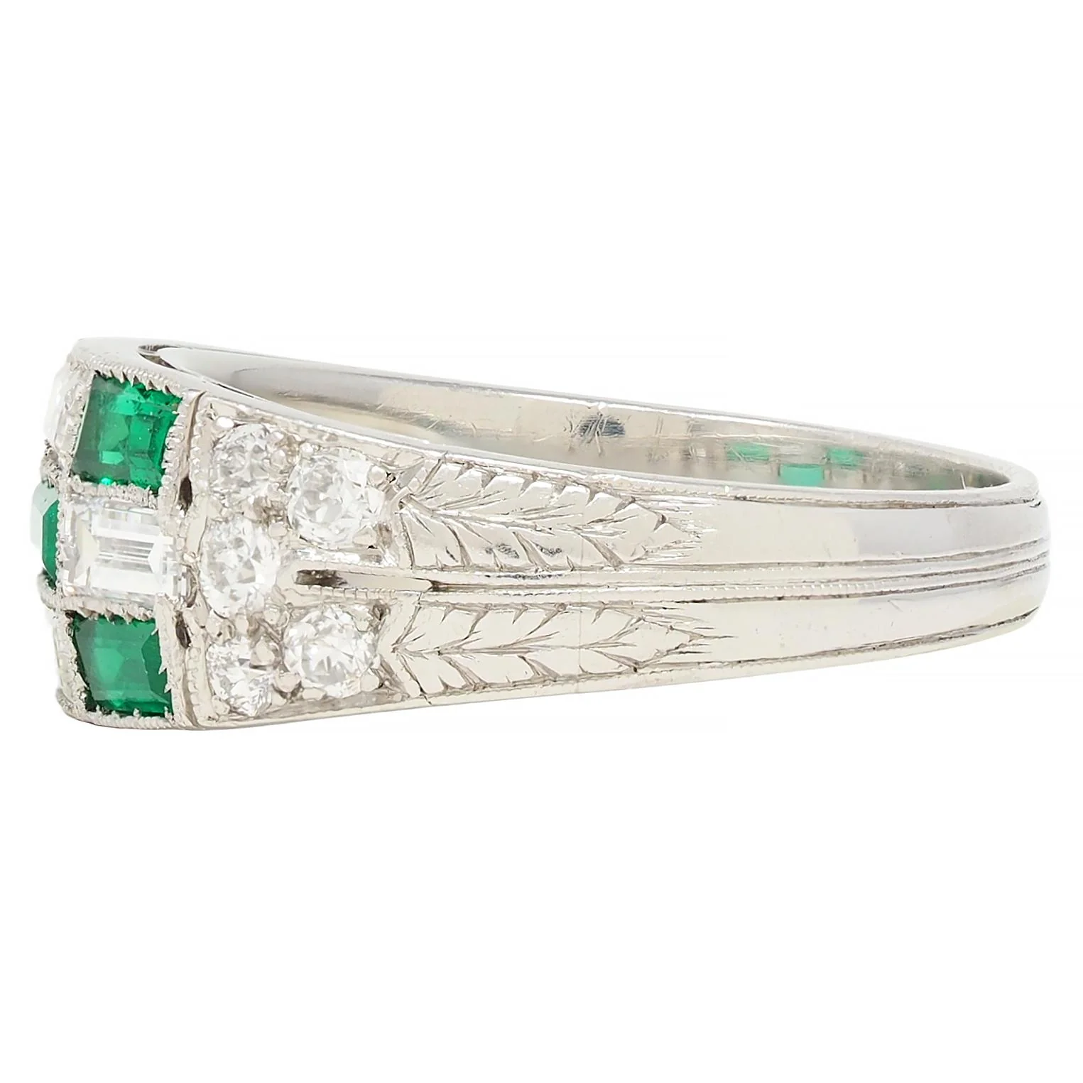 Art Deco 1.22 CTW Emerald Diamond Platinum Antique Wheat Checkerboard Band Ring - Image 5