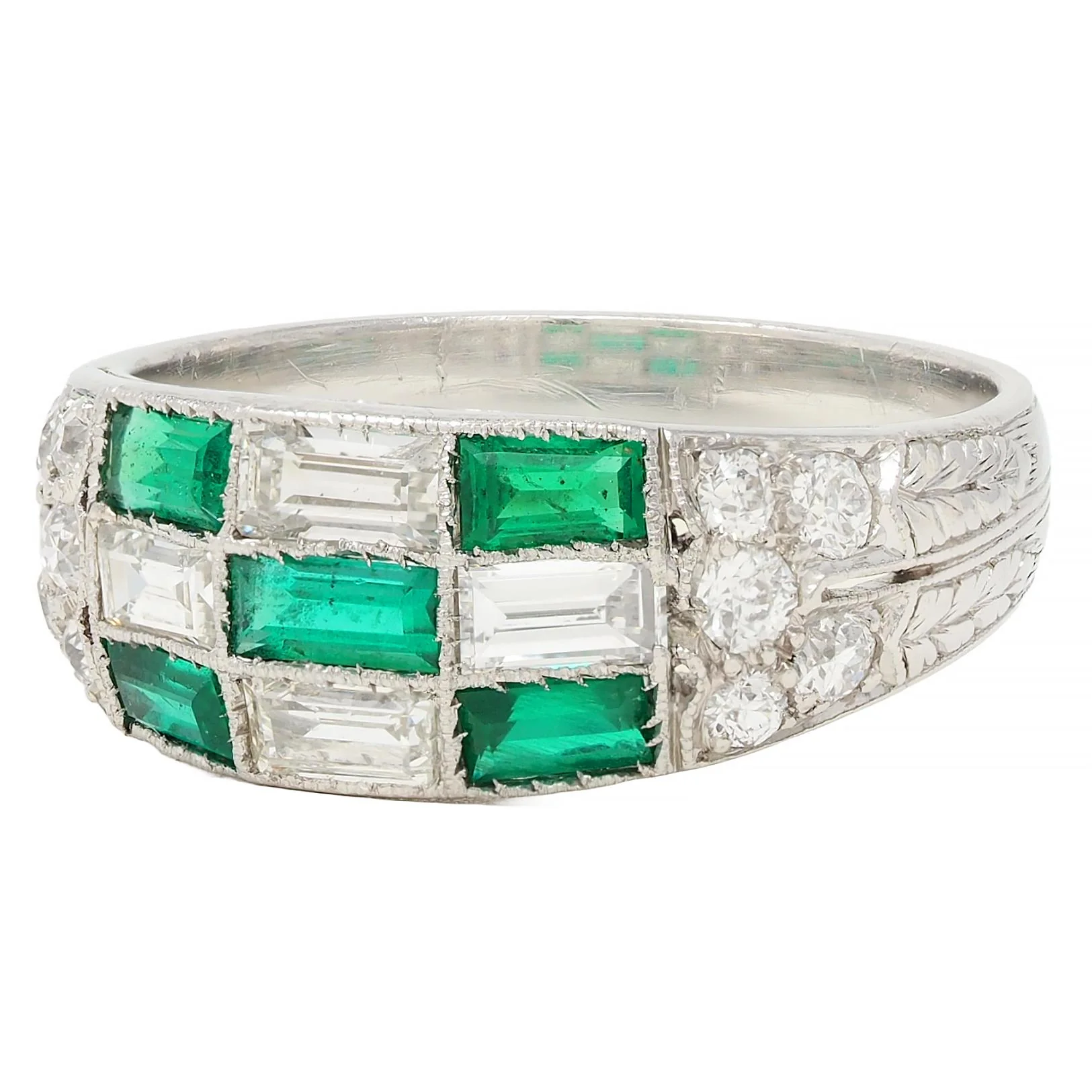 Art Deco 1.22 CTW Emerald Diamond Platinum Antique Wheat Checkerboard Band Ring - Image 8