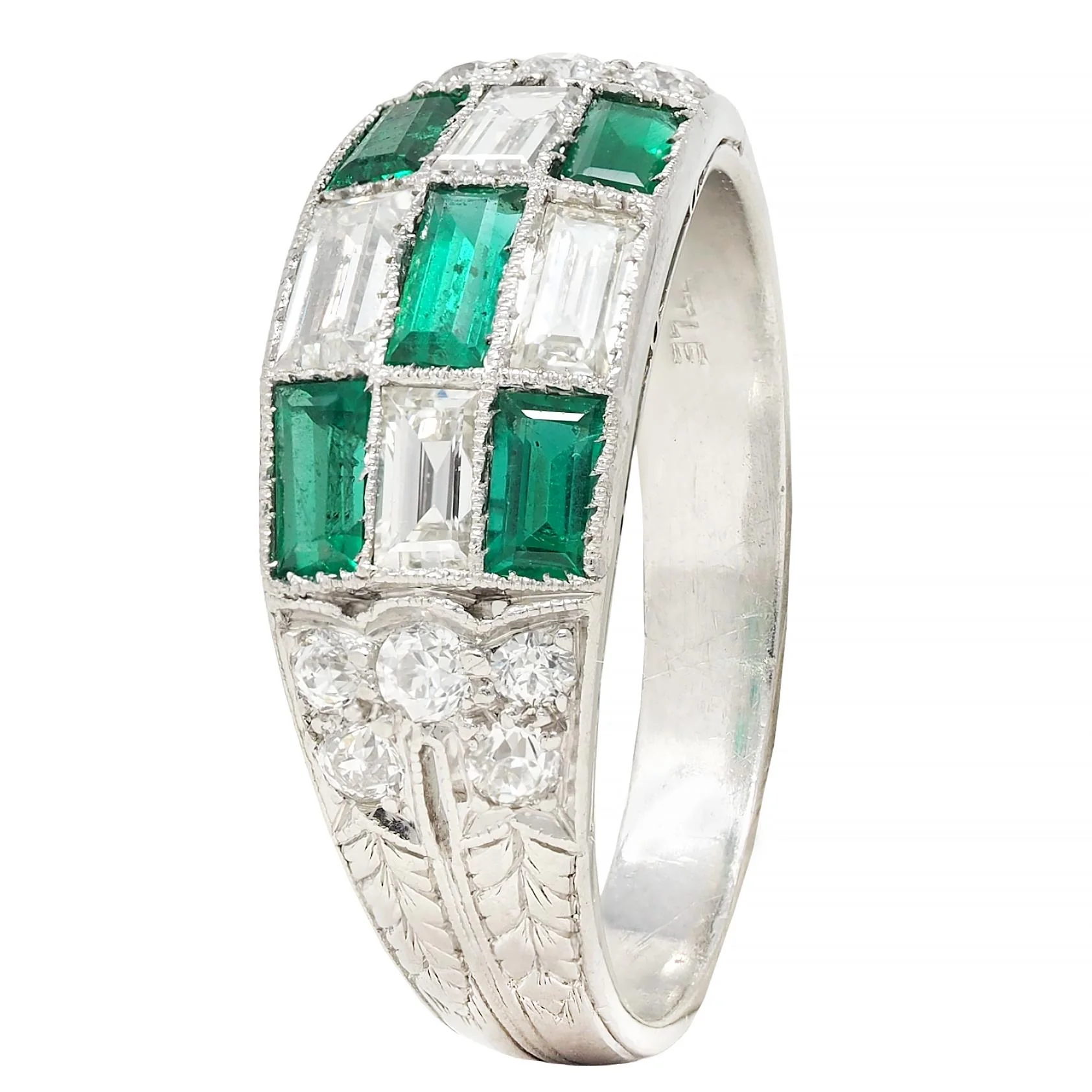 Art Deco 1.22 CTW Emerald Diamond Platinum Antique Wheat Checkerboard Band Ring - Image 9
