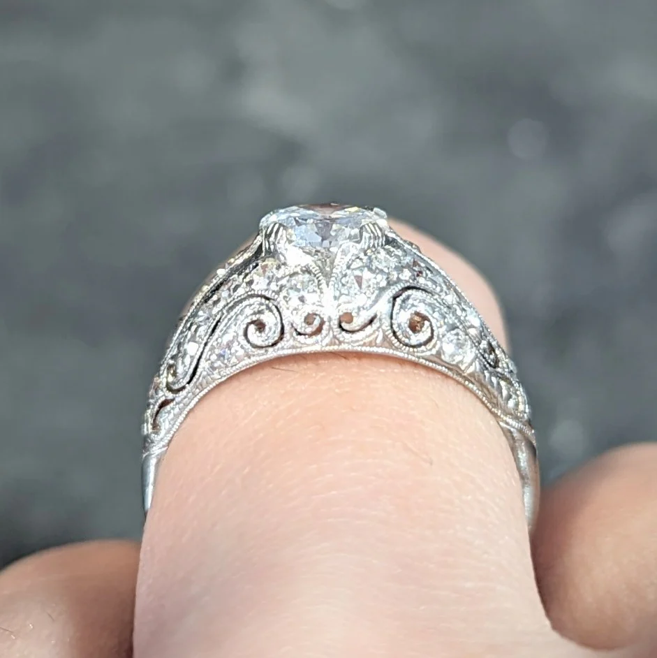 Art Deco 1.22 CTW Old European Cut Diamond Platinum Scrolling Bombé Vintage Engagement Ring - Image 13