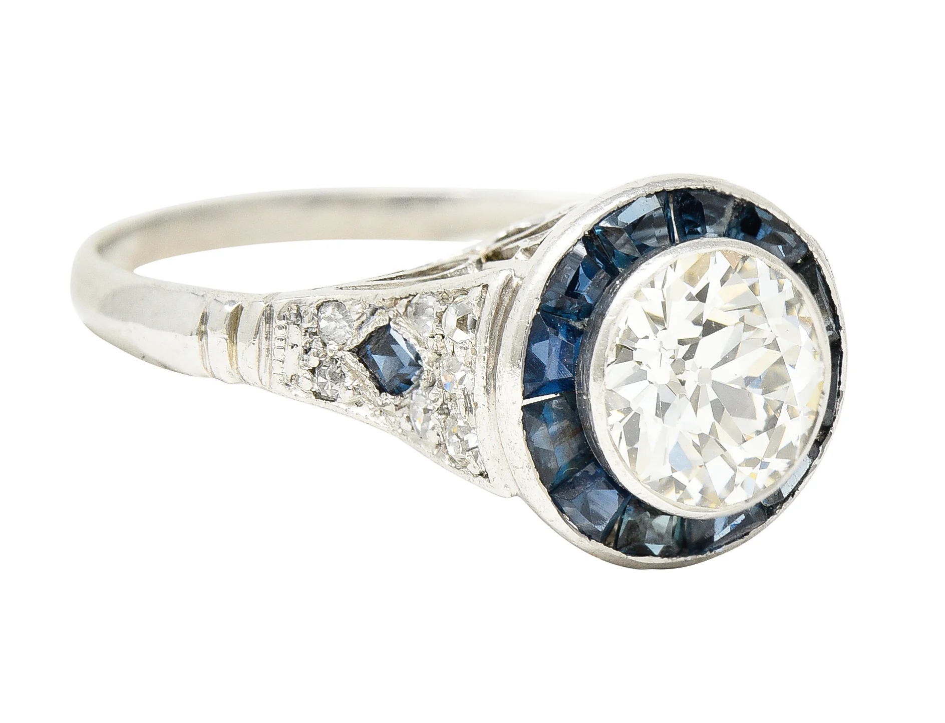 Art Deco 1.22 CTW Old European Cut Diamond Sapphire Halo Greek Key Foliate Engagement Ring - Image 3