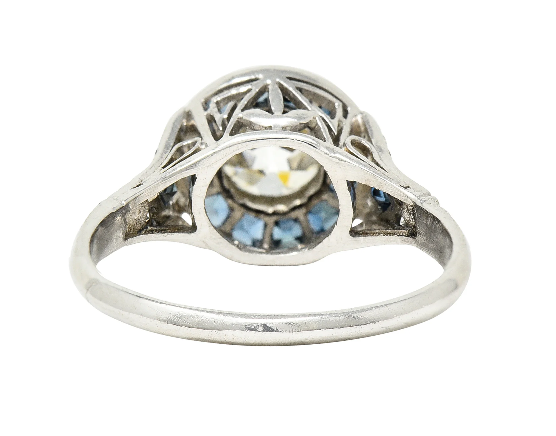 Art Deco 1.22 CTW Old European Cut Diamond Sapphire Halo Greek Key Foliate Engagement Ring - Image 5