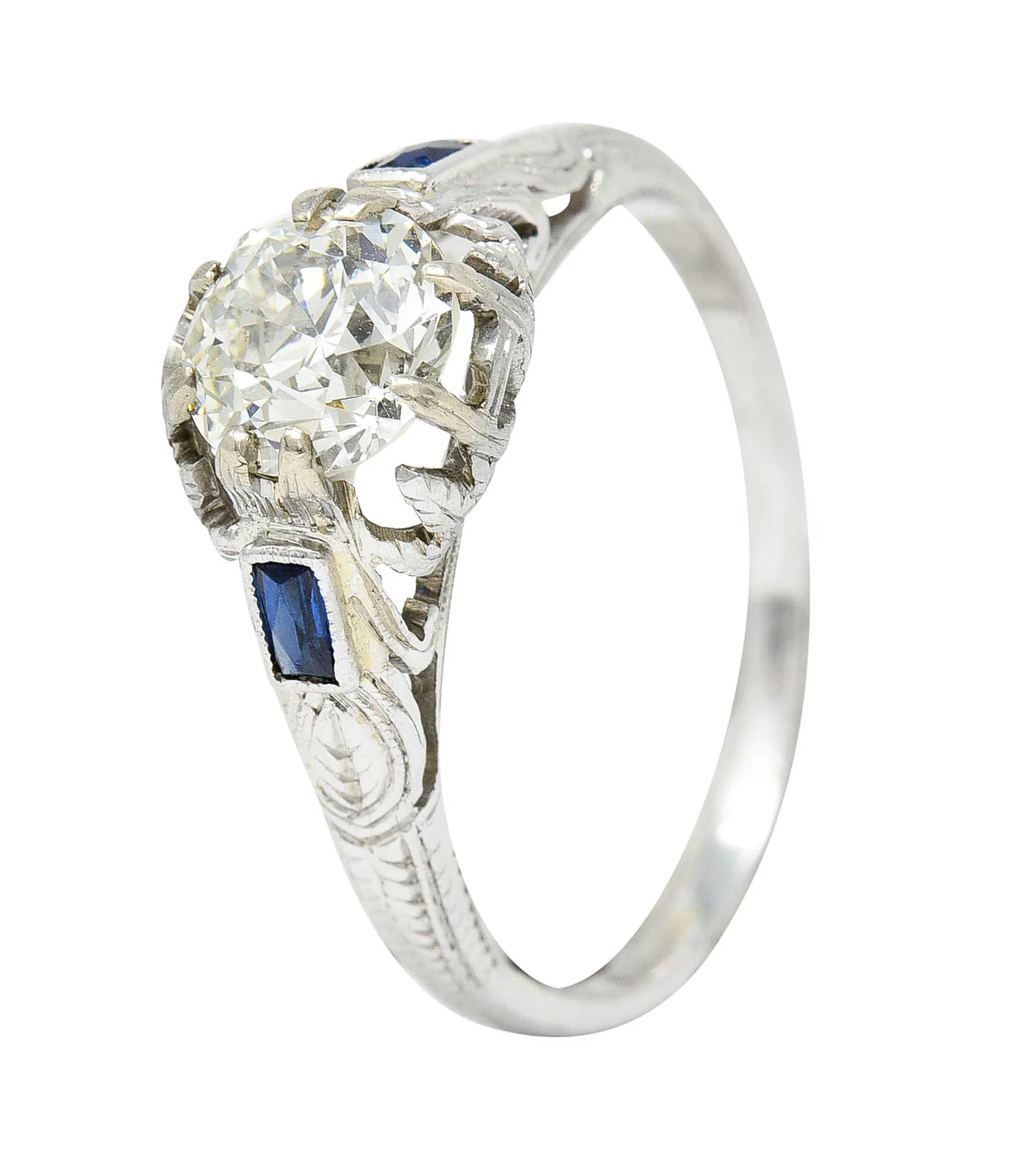 Art Deco 1.23 CTW Diamond Sapphire 14 Karat White Gold Foliate Engagement Ring GIA - Image 10