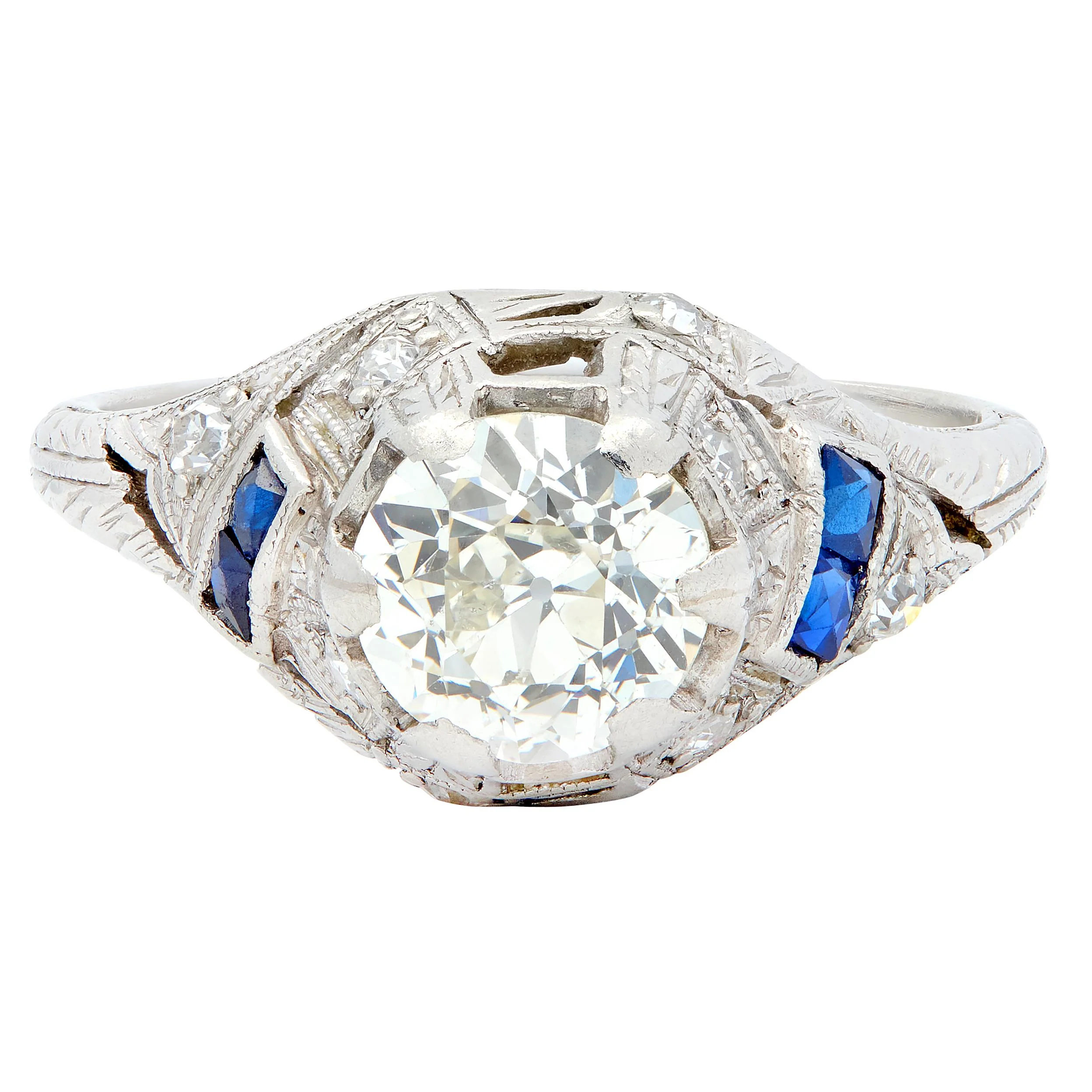 Art Deco 1.24 CTW Old European Cut Diamond Sapphire Platinum Foliate Engagement Ring