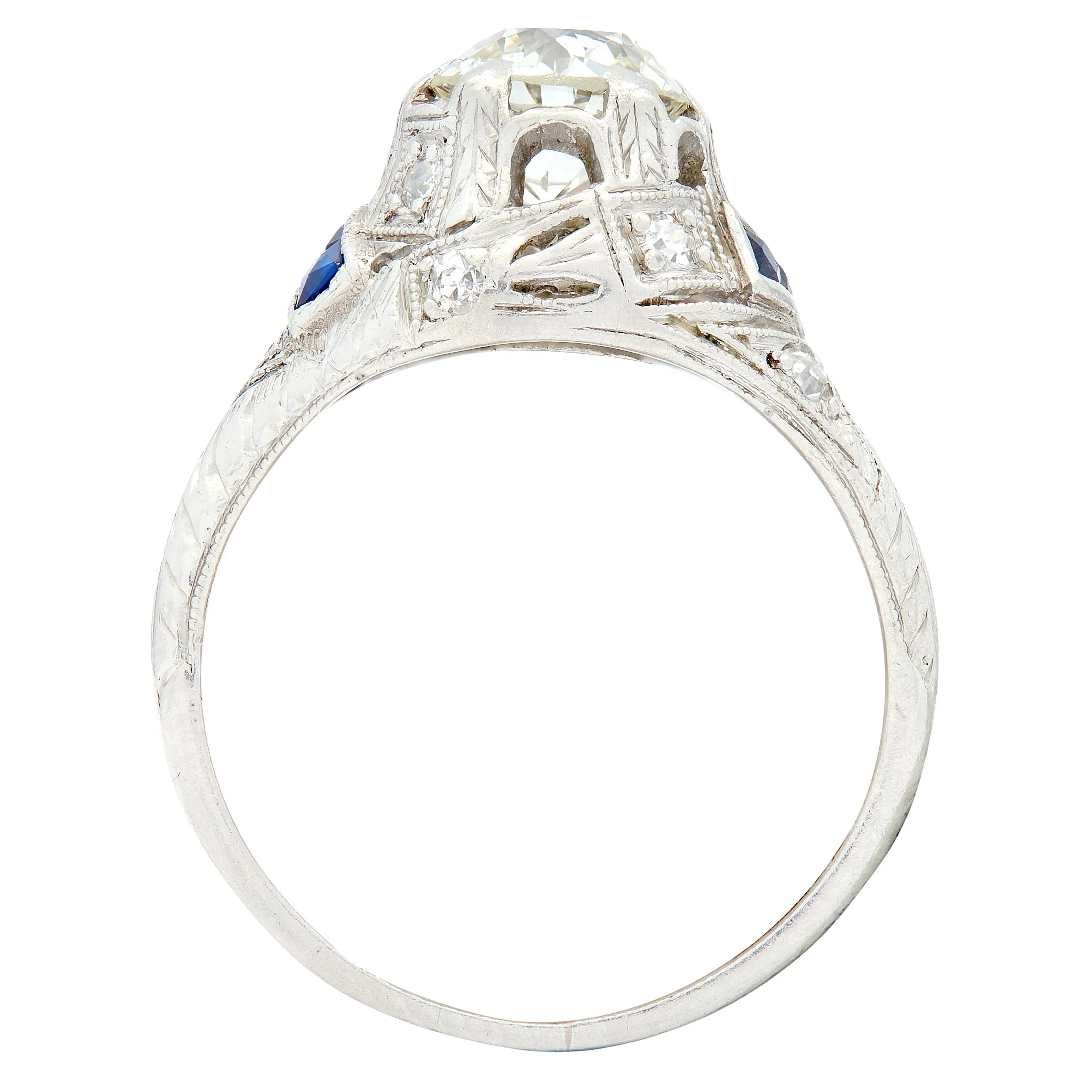 Art Deco 1.24 CTW Old European Cut Diamond Sapphire Platinum Foliate Engagement Ring - Image 6