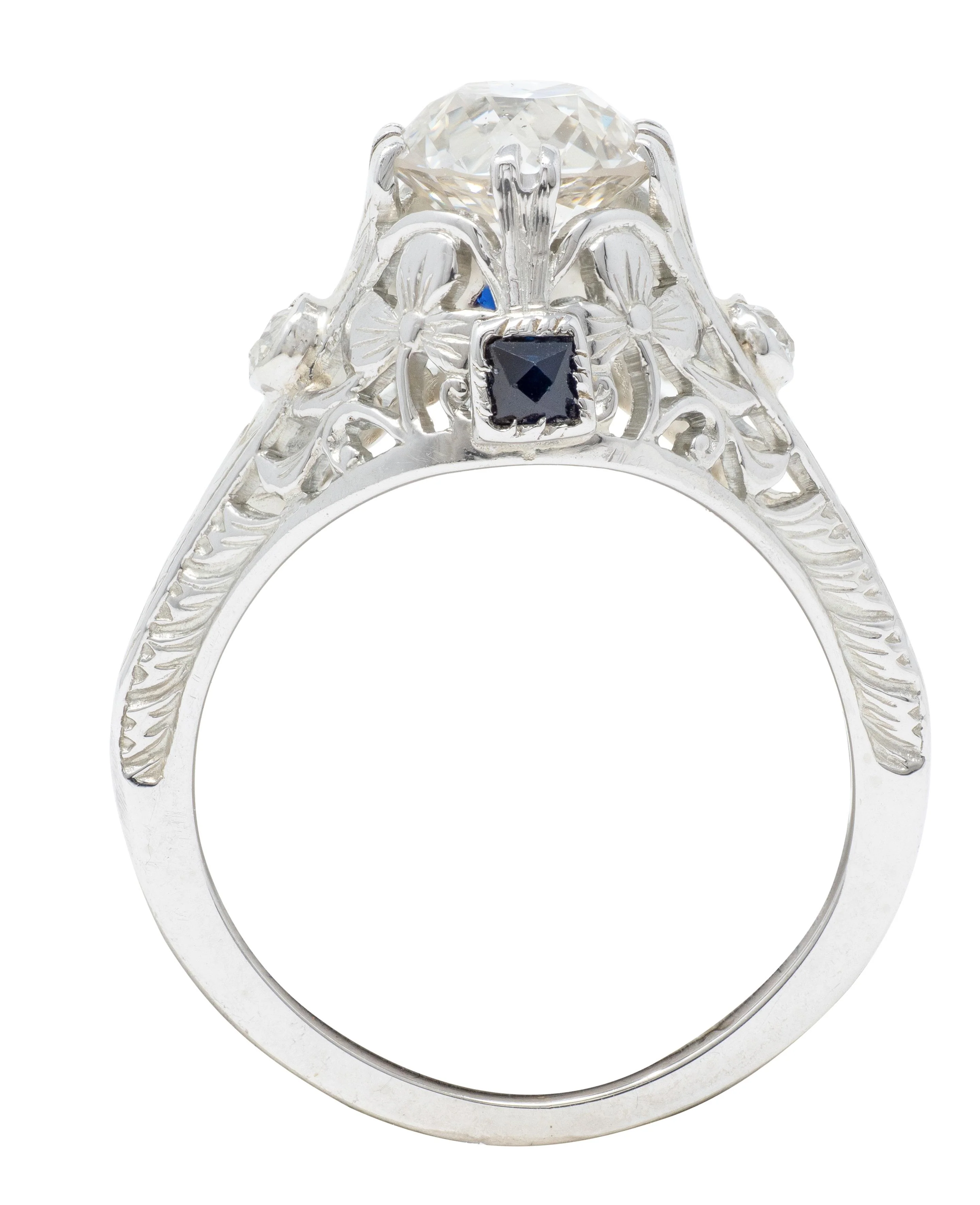 Art Deco 1.27 CTW European Diamond Sapphire 18 Karat White Gold Vintage Engagement Ring - Image 3