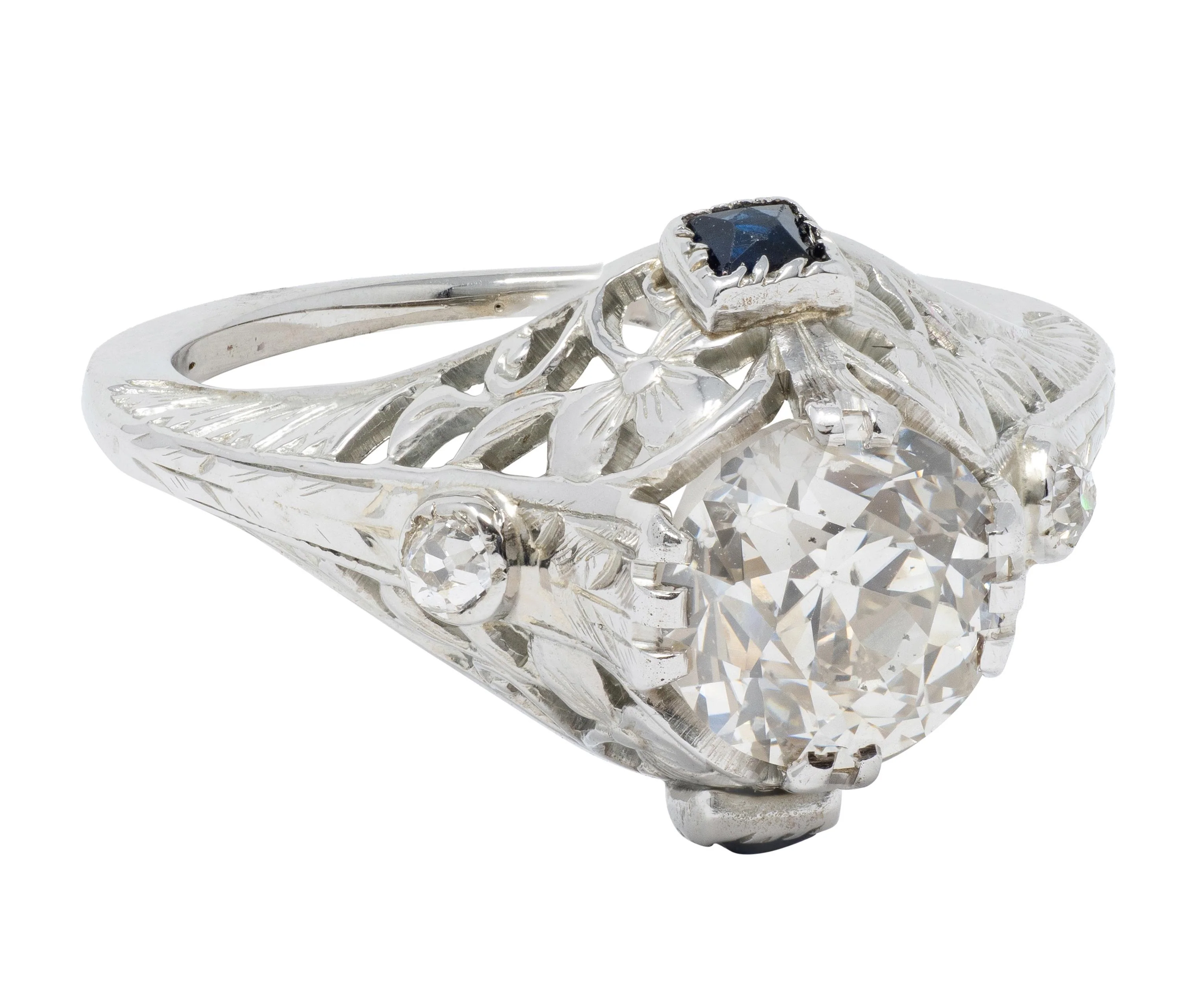 Art Deco 1.27 CTW European Diamond Sapphire 18 Karat White Gold Vintage Engagement Ring - Image 4