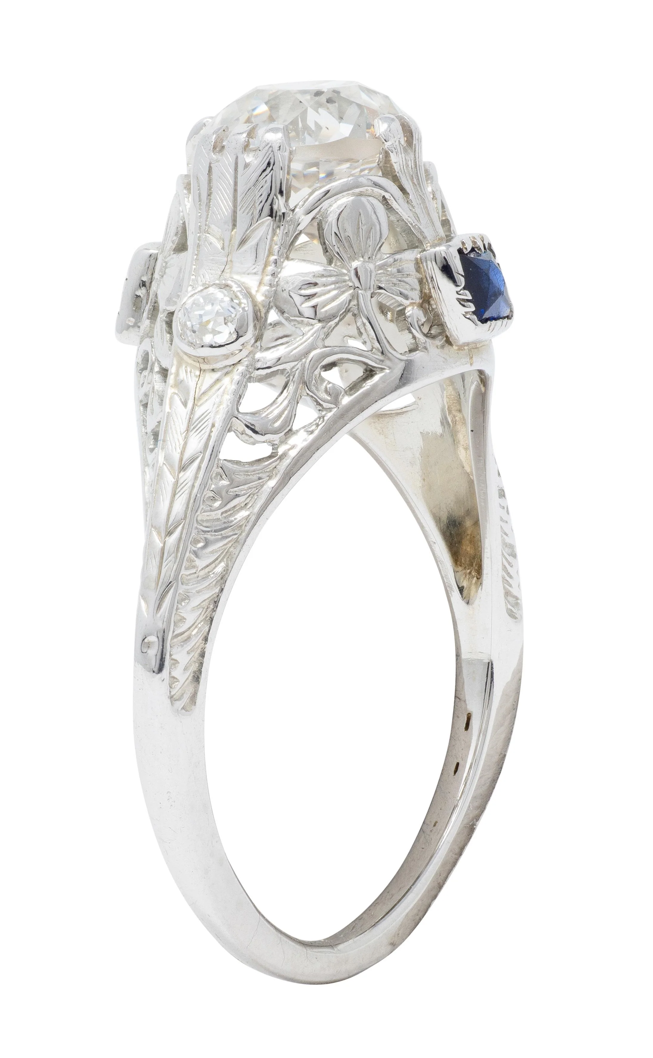 Art Deco 1.27 CTW European Diamond Sapphire 18 Karat White Gold Vintage Engagement Ring - Image 9