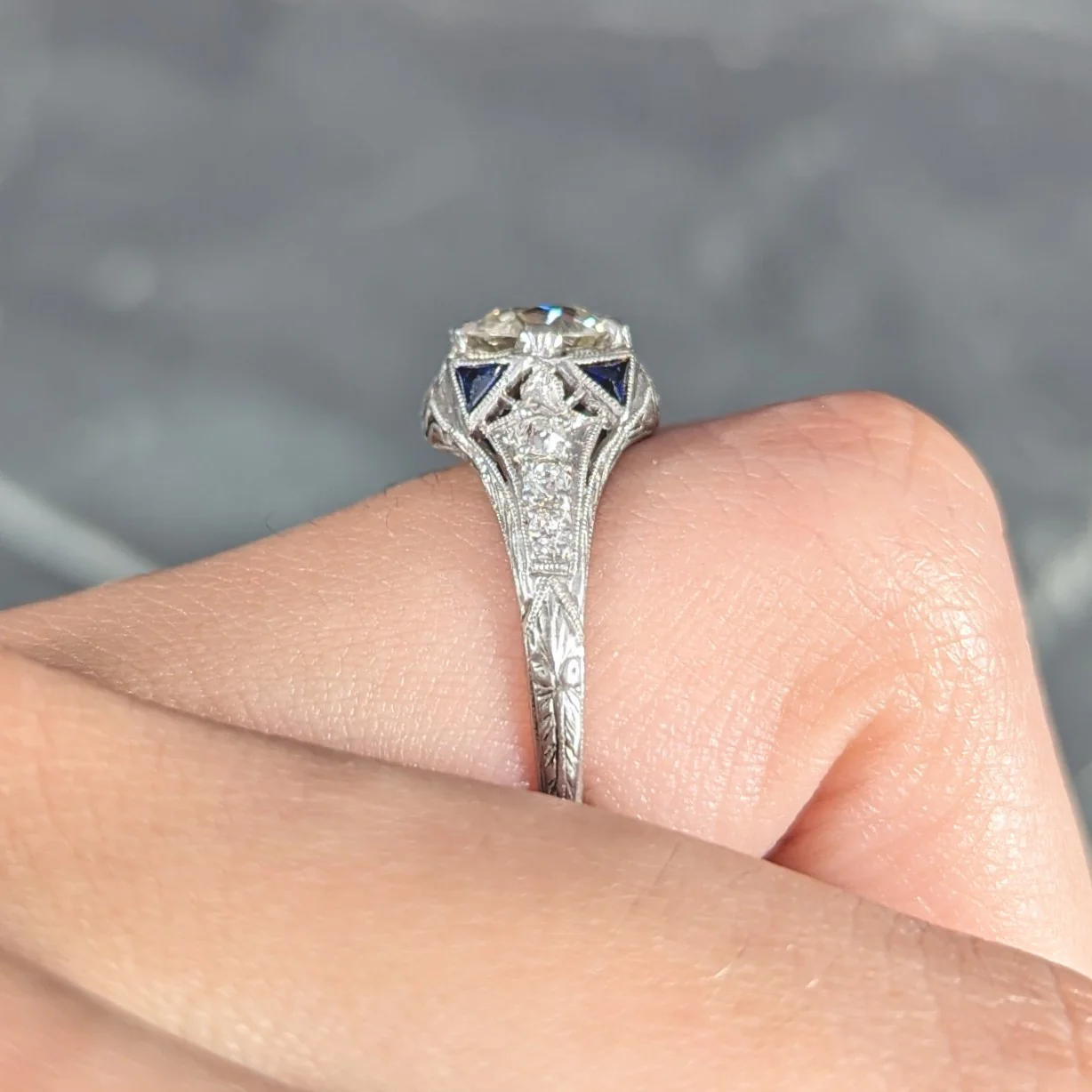 Art Deco 1.27 CTW Old European Cut Diamond Sapphire Platinum Lotus Foliate Engagement Ring - Image 11