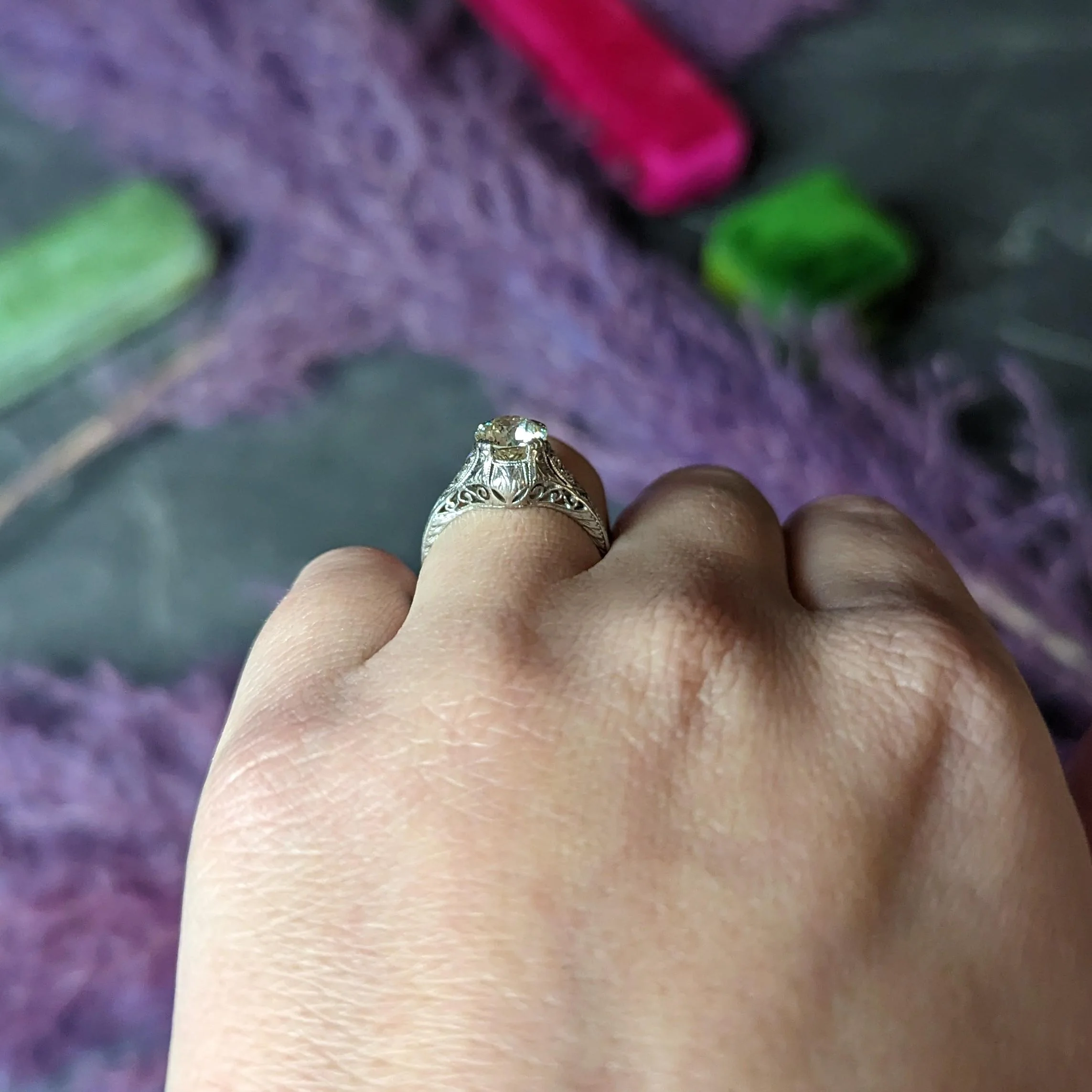 Art Deco 1.30 CTW Old European Cut Diamond Platinum Scrolled Antique Engagement Ring - Image 14
