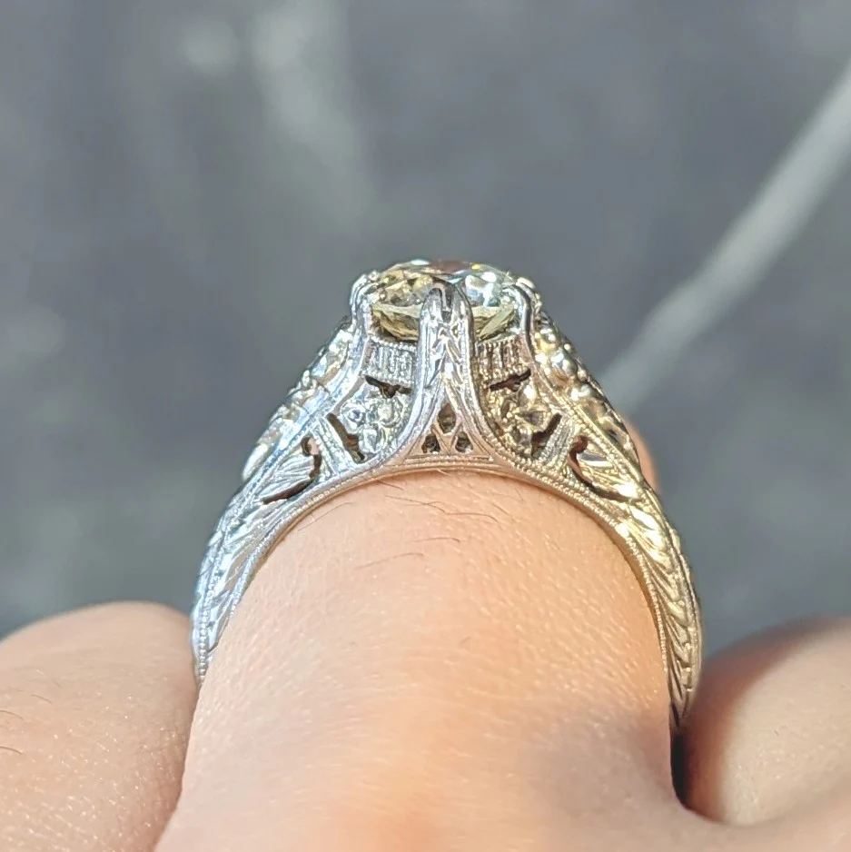 Art Deco 1.31 CTW Old European 18 Karat White Gold Orange Blossom Antique Engagement Ring GIA - Image 15