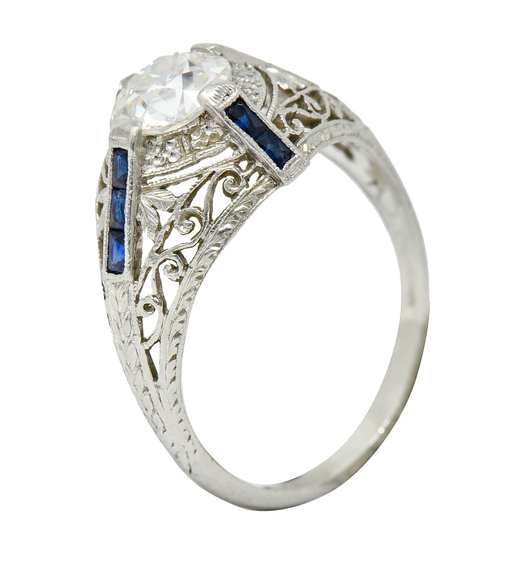 Art Deco 1.32 CTW Diamond Sapphire Platinum Foliate Engagement Ring - Image 10