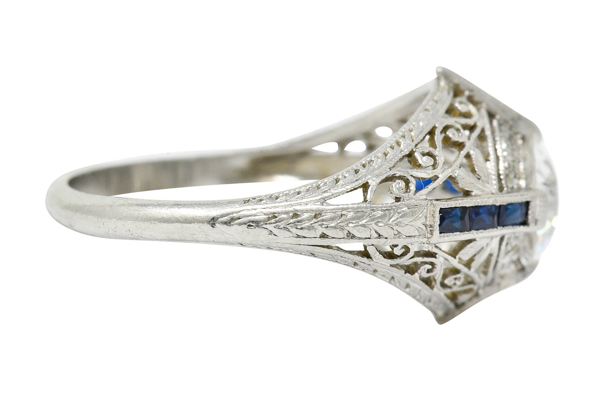 Art Deco 1.32 CTW Diamond Sapphire Platinum Foliate Engagement Ring - Image 3