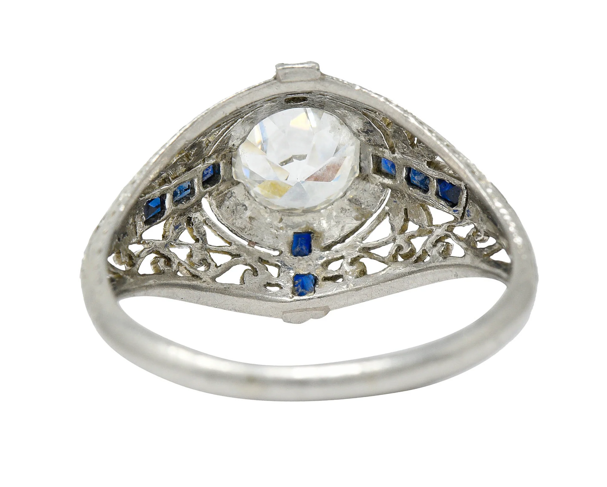 Art Deco 1.32 CTW Diamond Sapphire Platinum Foliate Engagement Ring - Image 4