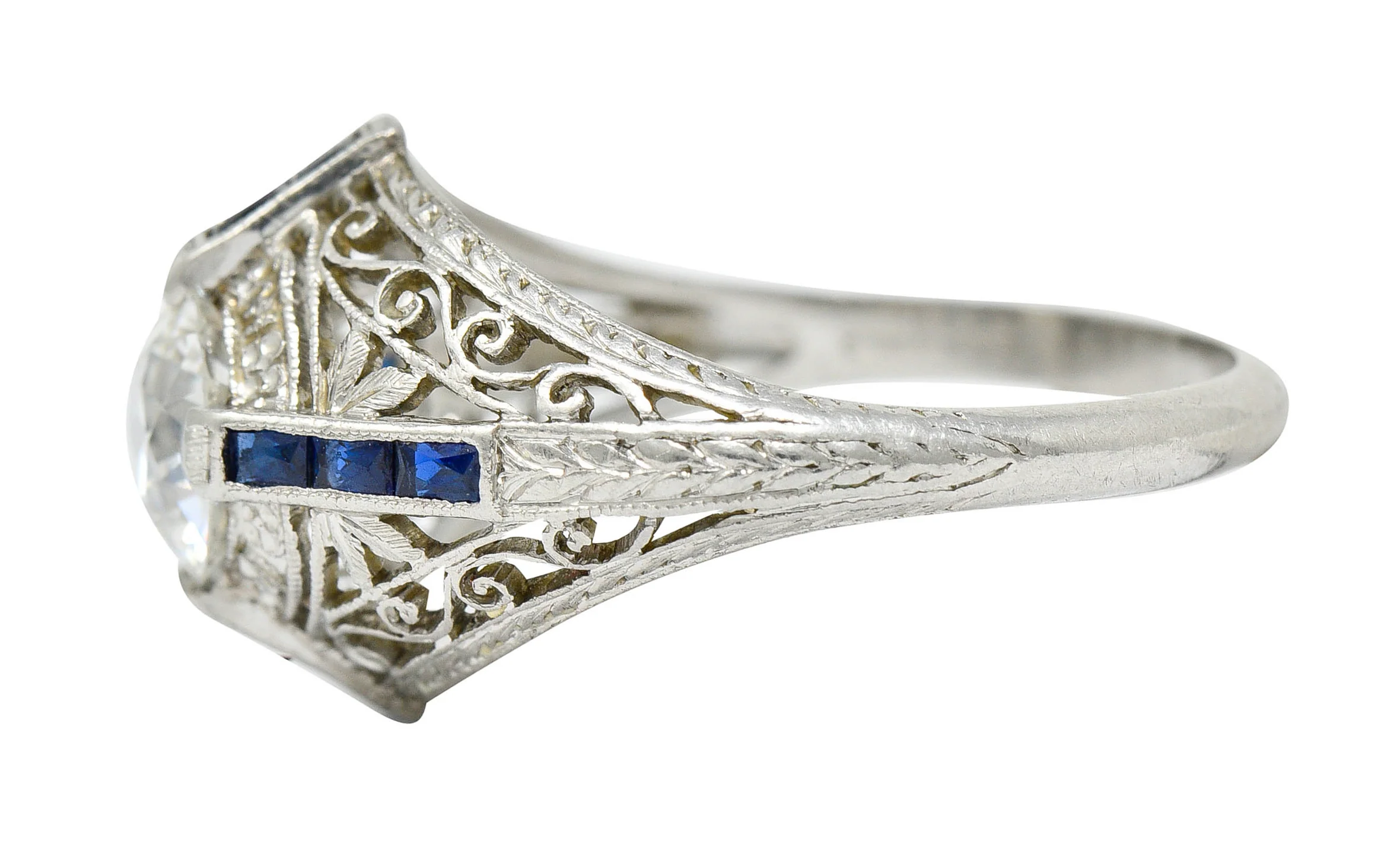 Art Deco 1.32 CTW Diamond Sapphire Platinum Foliate Engagement Ring - Image 5