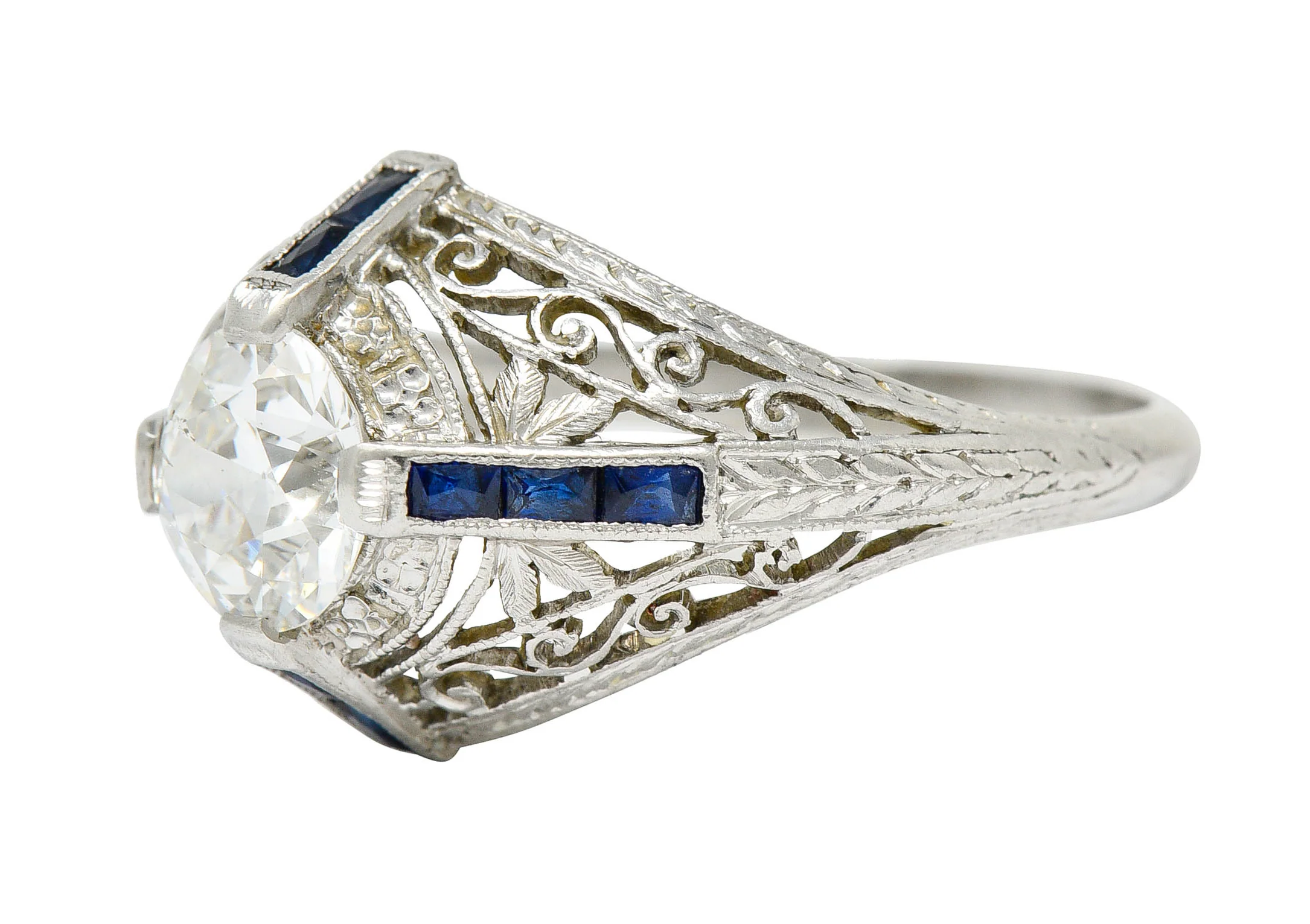 Art Deco 1.32 CTW Diamond Sapphire Platinum Foliate Engagement Ring - Image 6