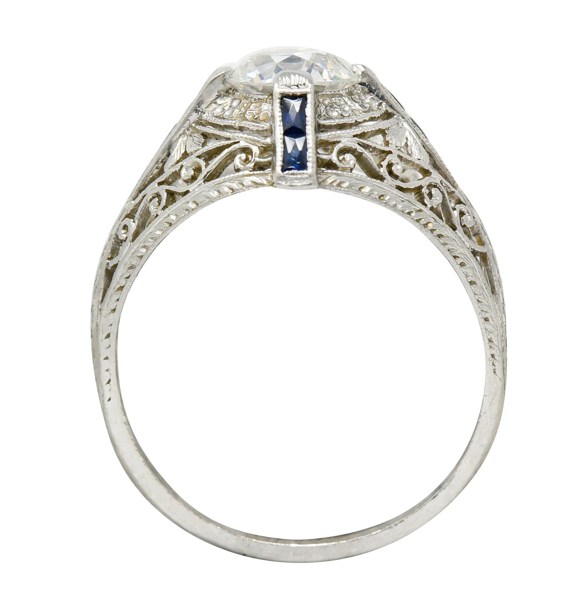 Art Deco 1.32 CTW Diamond Sapphire Platinum Foliate Engagement Ring - Image 7