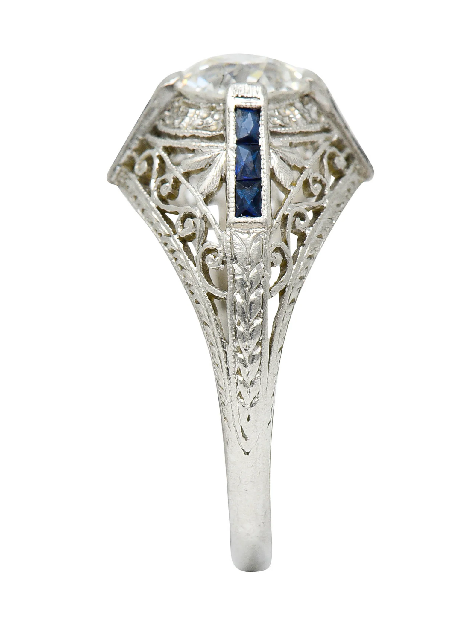 Art Deco 1.32 CTW Diamond Sapphire Platinum Foliate Engagement Ring - Image 8