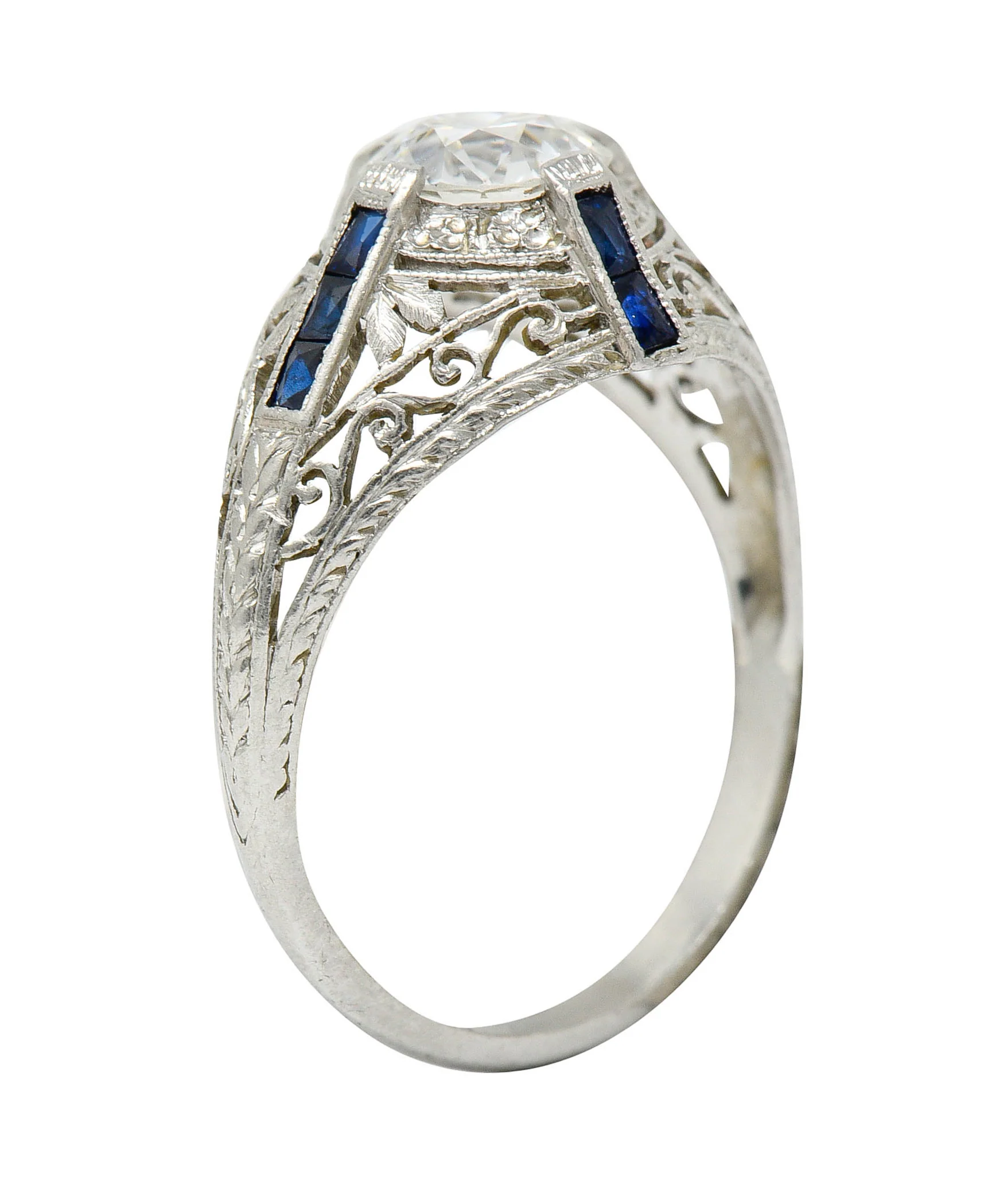Art Deco 1.32 CTW Diamond Sapphire Platinum Foliate Engagement Ring - Image 9