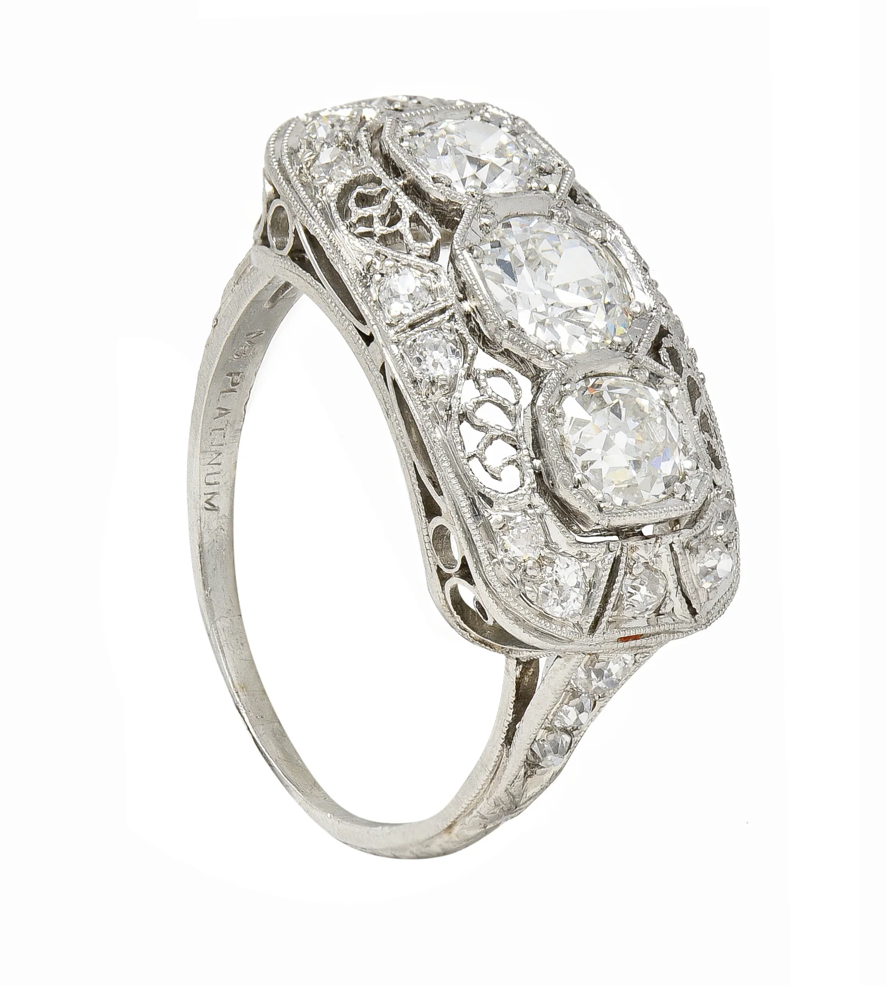 Art Deco 1.32 CTW Old European Cut Diamond Platinum Filigree Vintage Three Stone Ring - Image 10