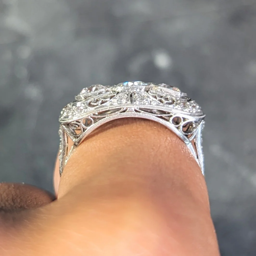 Art Deco 1.32 CTW Old European Cut Diamond Platinum Filigree Vintage Three Stone Ring - Image 12