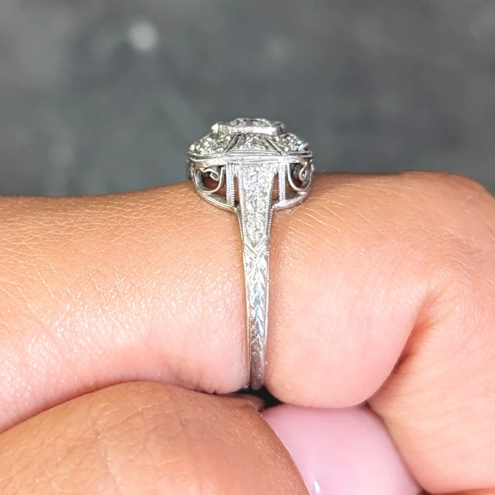 Art Deco 1.32 CTW Old European Cut Diamond Platinum Filigree Vintage Three Stone Ring - Image 13