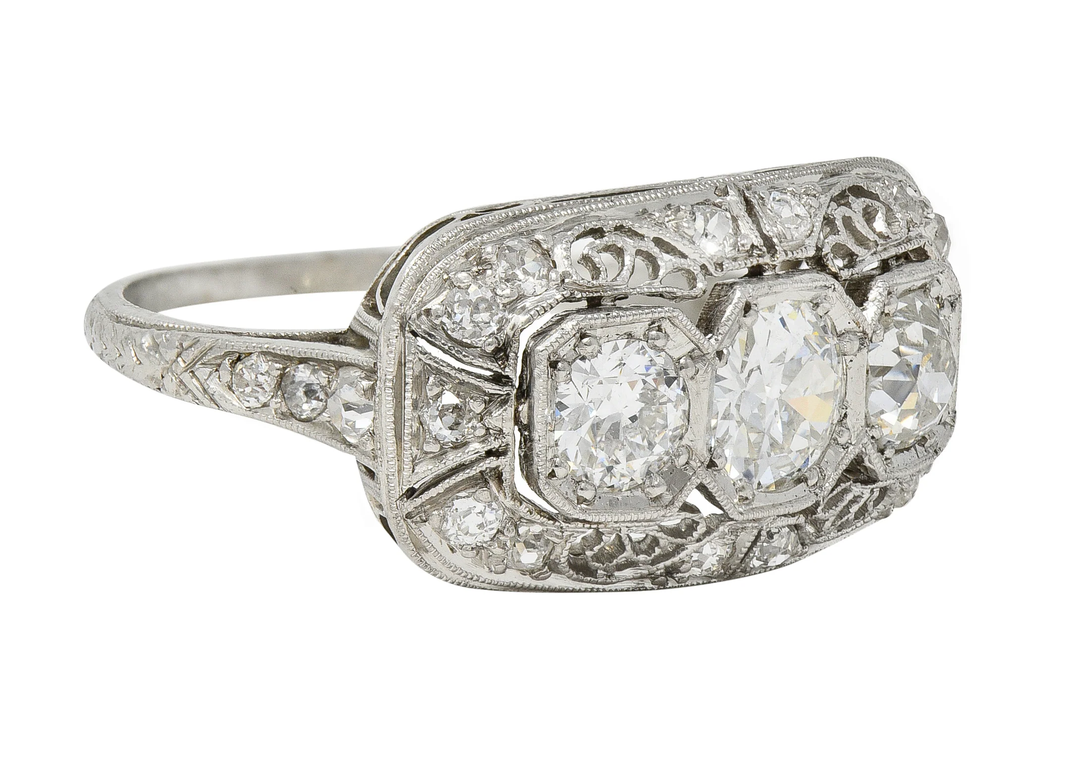 Art Deco 1.32 CTW Old European Cut Diamond Platinum Filigree Vintage Three Stone Ring - Image 2