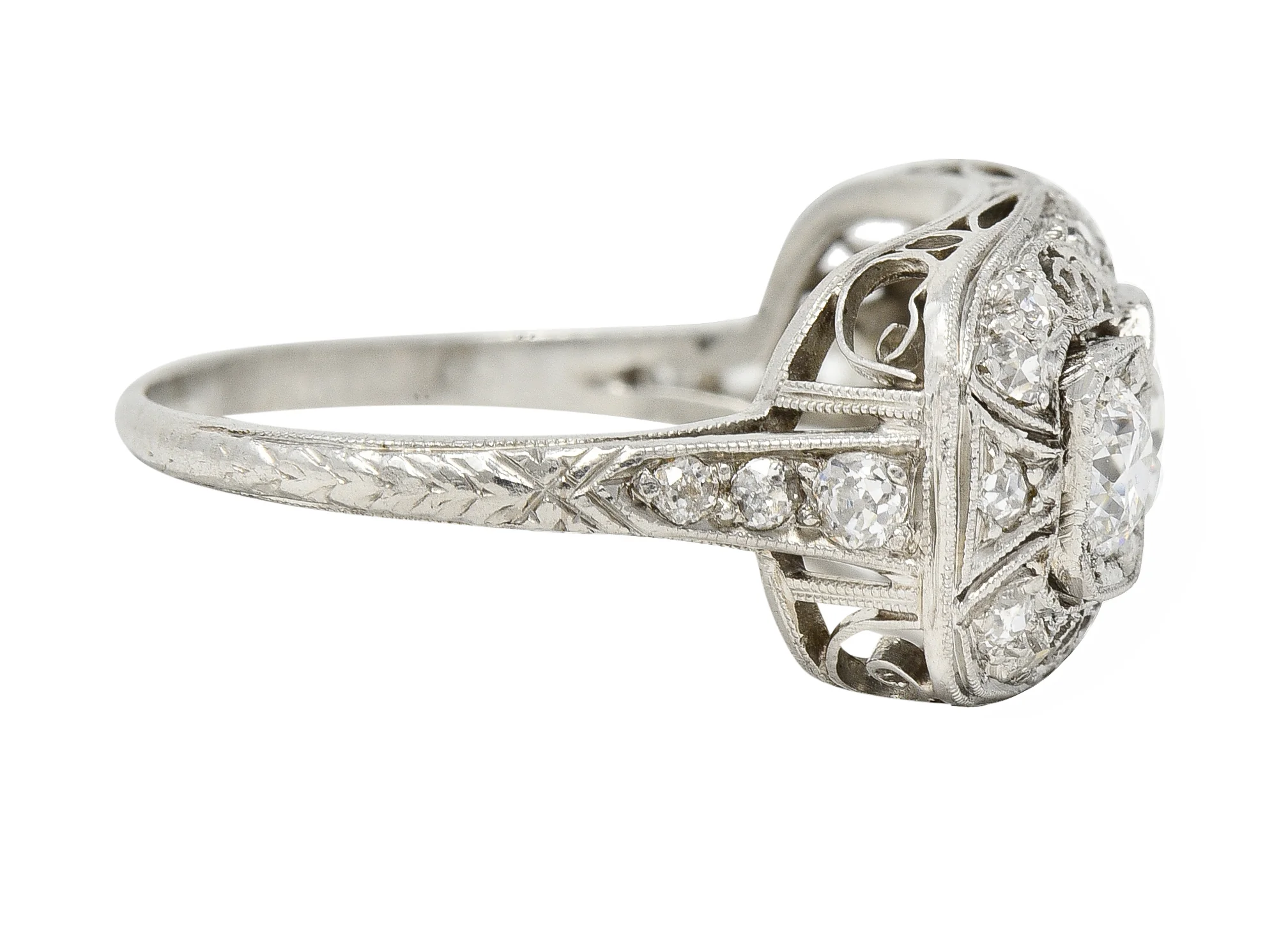 Art Deco 1.32 CTW Old European Cut Diamond Platinum Filigree Vintage Three Stone Ring - Image 3
