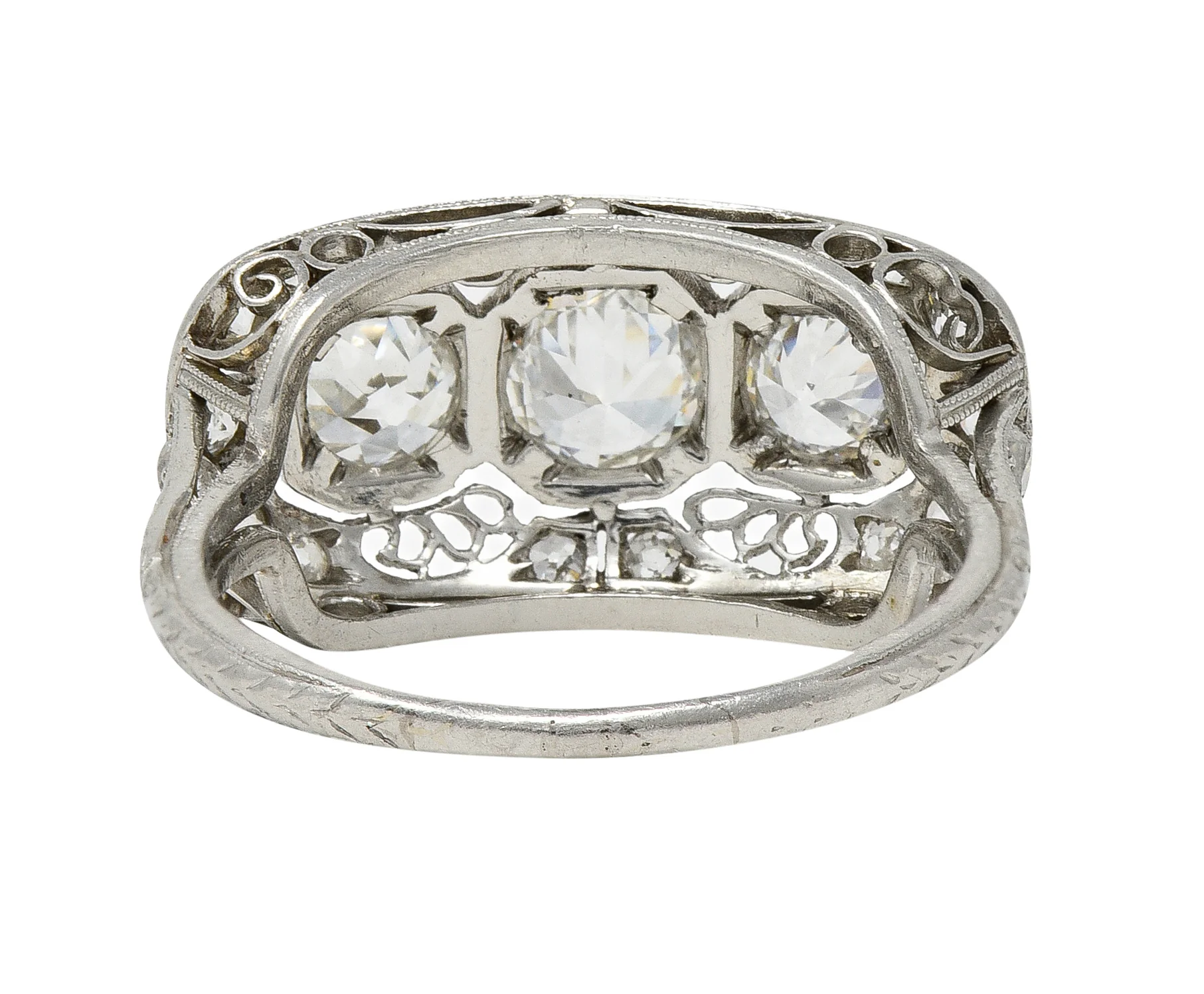Art Deco 1.32 CTW Old European Cut Diamond Platinum Filigree Vintage Three Stone Ring - Image 4