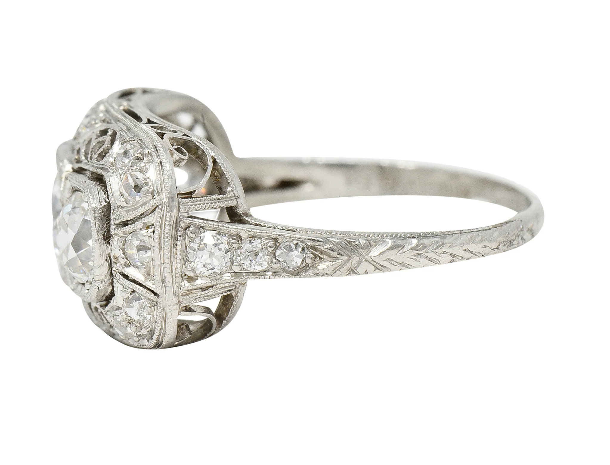 Art Deco 1.32 CTW Old European Cut Diamond Platinum Filigree Vintage Three Stone Ring - Image 5