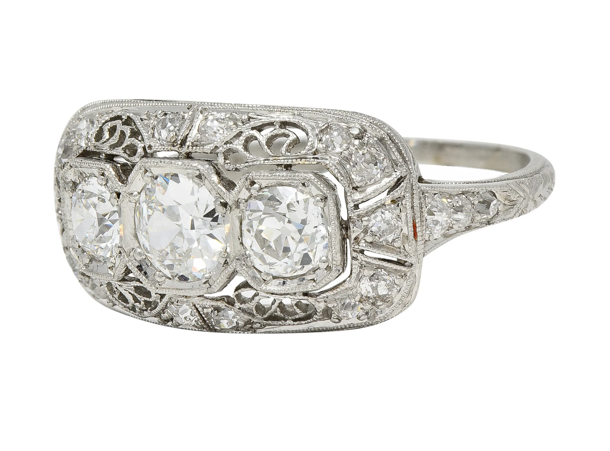 Art Deco 1.32 CTW Old European Cut Diamond Platinum Filigree Vintage Three Stone Ring - Image 6
