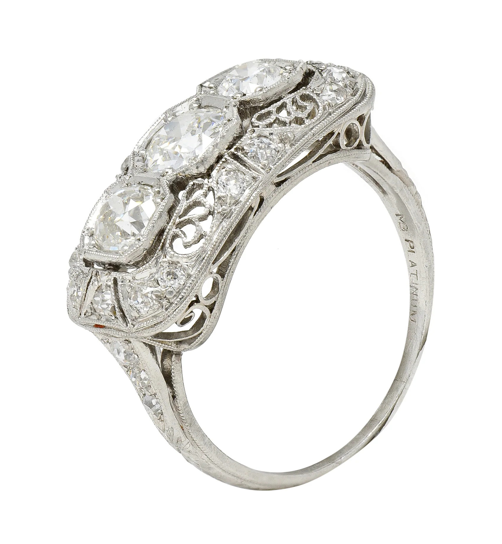 Art Deco 1.32 CTW Old European Cut Diamond Platinum Filigree Vintage Three Stone Ring - Image 8