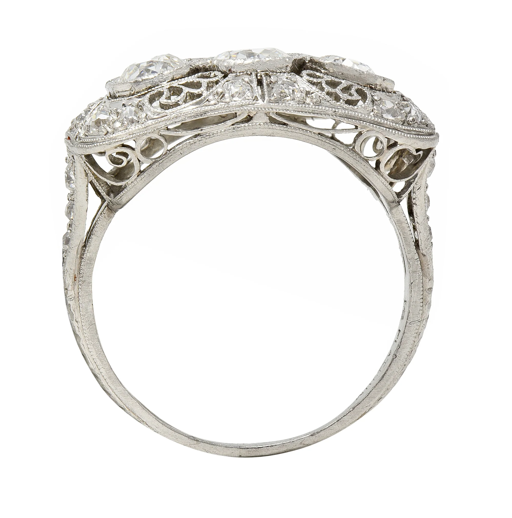 Art Deco 1.32 CTW Old European Cut Diamond Platinum Filigree Vintage Three Stone Ring - Image 9