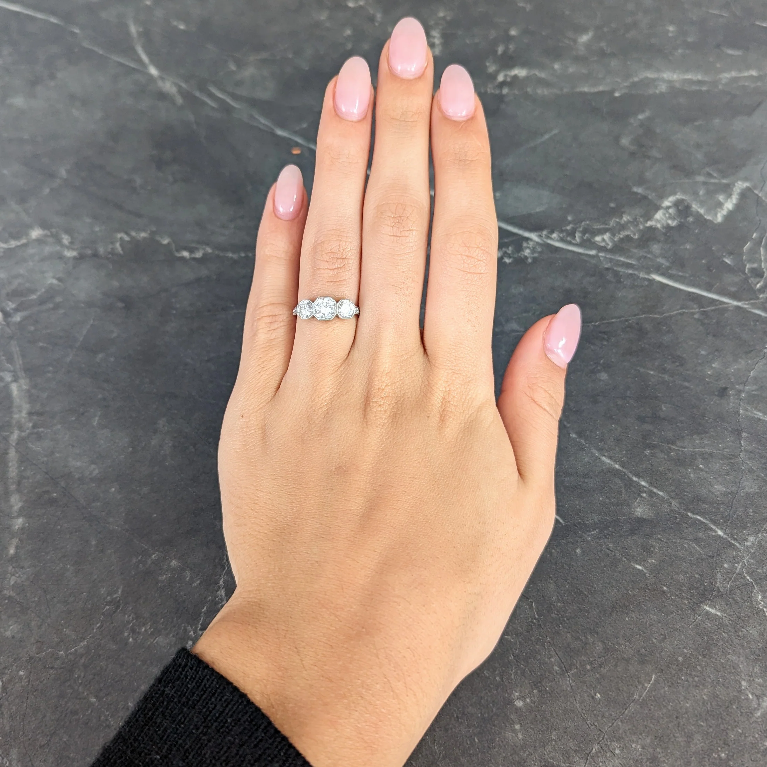 Art Deco 1.34 CTW Old European Cut Diamond Platinum Octagonal Three Stone Alternative Ring - Image 12