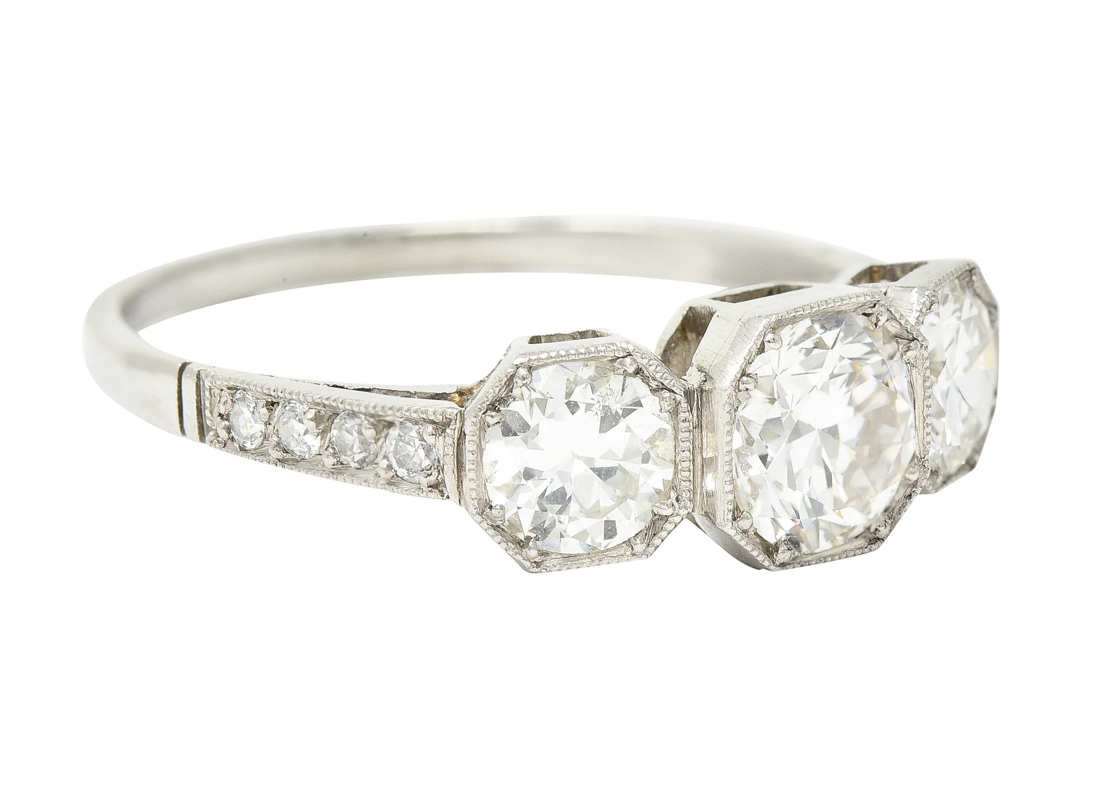 Art Deco 1.34 CTW Old European Cut Diamond Platinum Octagonal Three Stone Alternative Ring - Image 3