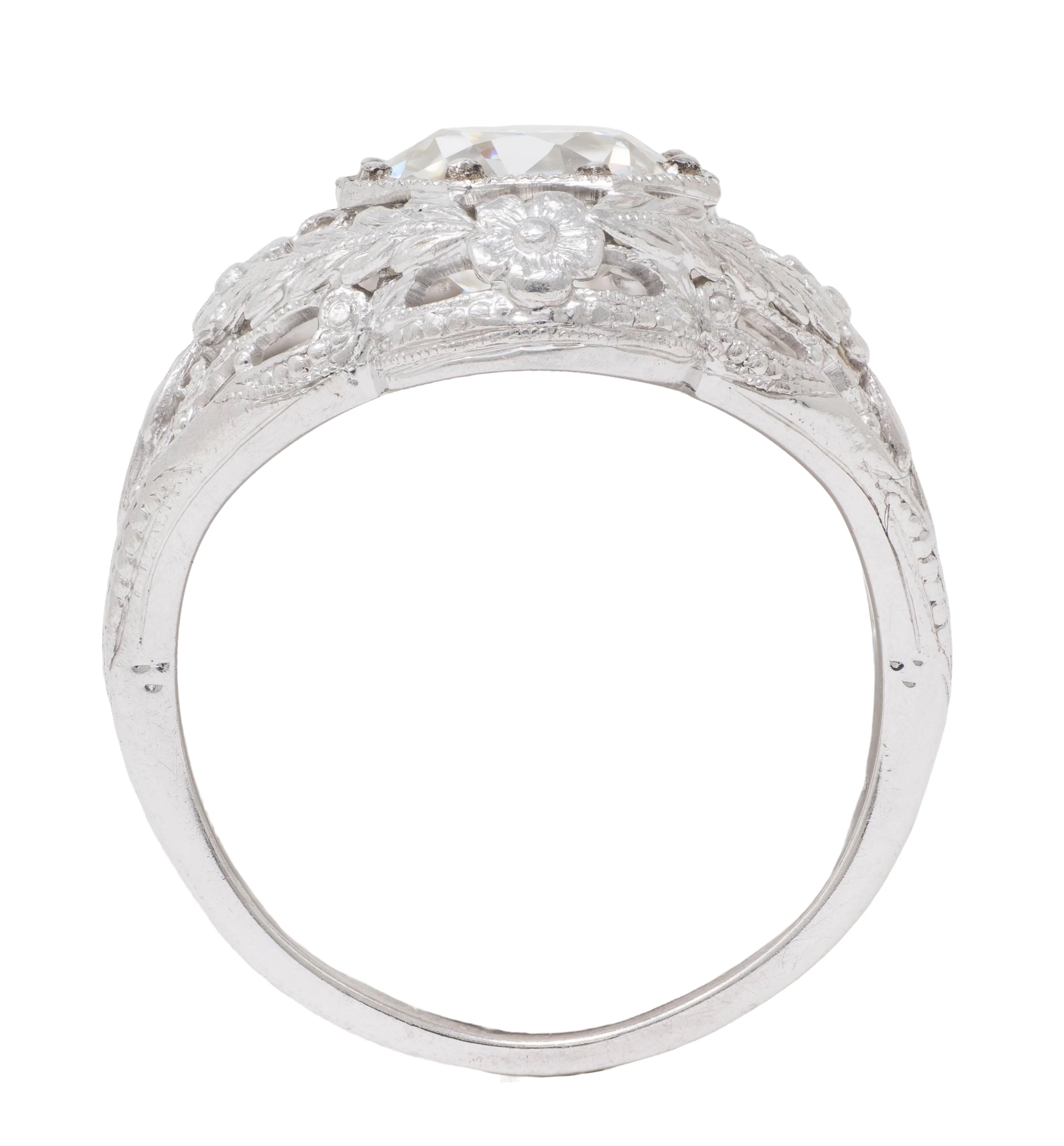 Art Deco 1.35 CTW Old European Cut Diamond 18 Karat White Gold Floral Vintage Engagement Ring - Image 11