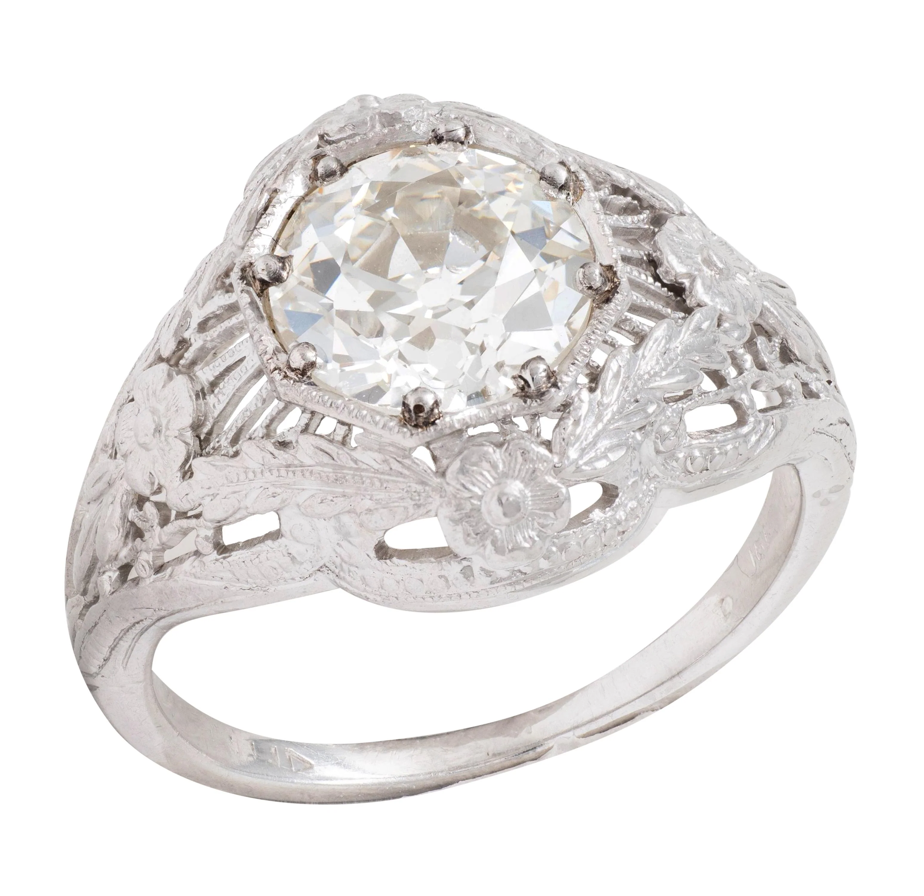 Art Deco 1.35 CTW Old European Cut Diamond 18 Karat White Gold Floral Vintage Engagement Ring - Image 12