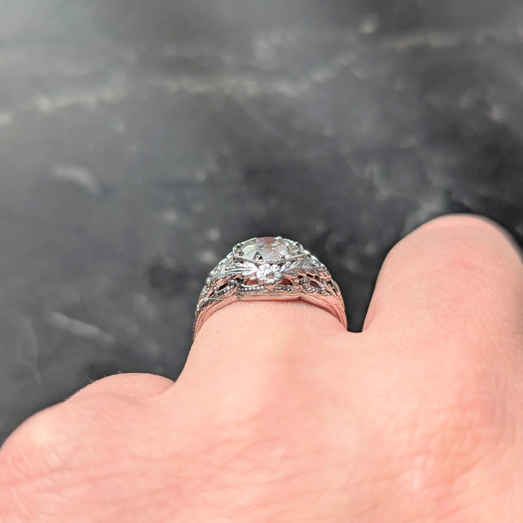 Art Deco 1.35 CTW Old European Cut Diamond 18 Karat White Gold Floral Vintage Engagement Ring - Image 13