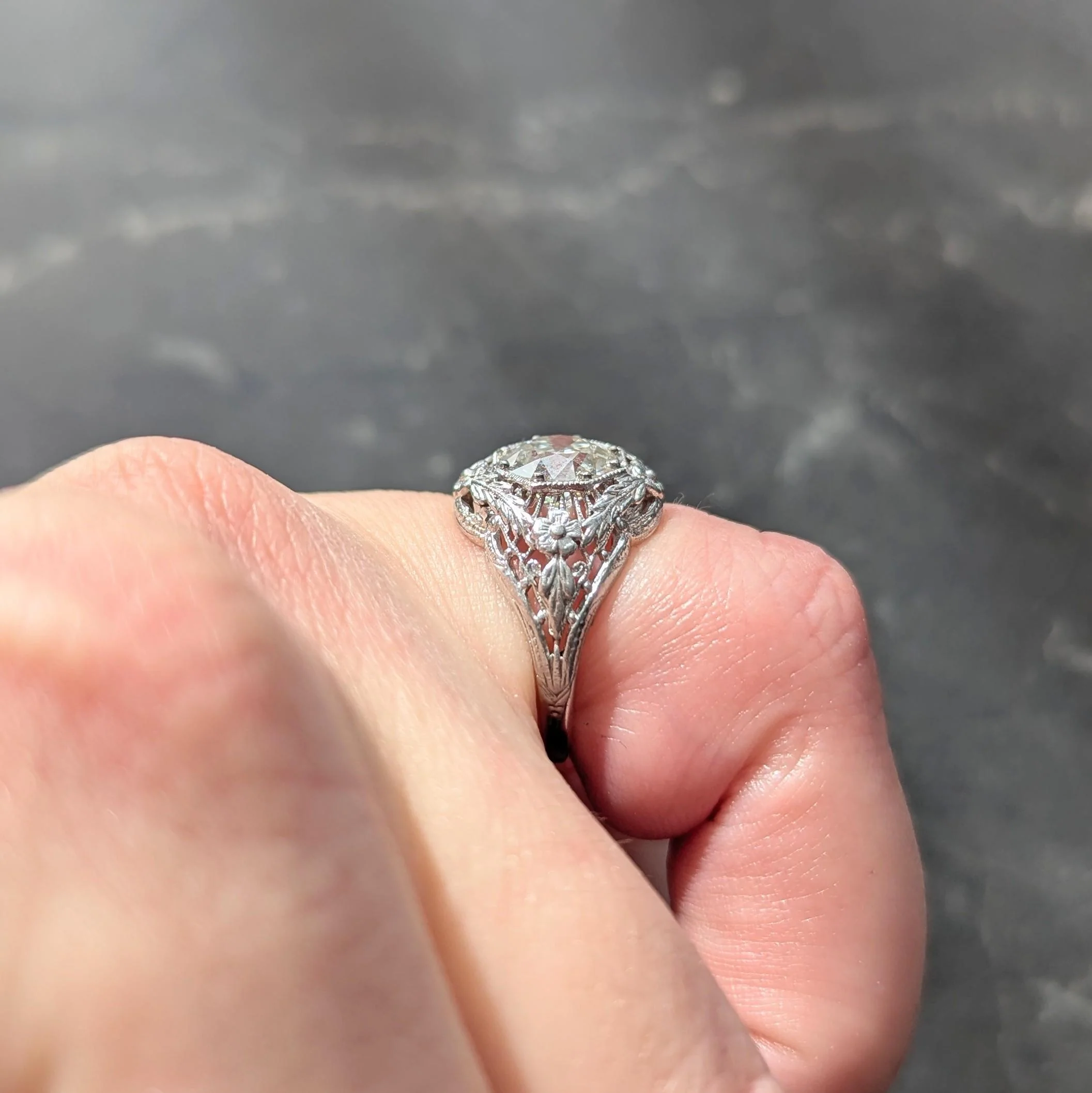 Art Deco 1.35 CTW Old European Cut Diamond 18 Karat White Gold Floral Vintage Engagement Ring - Image 14