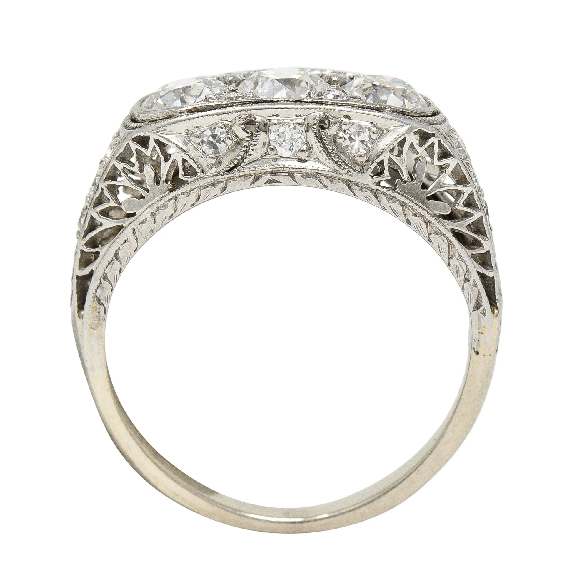 Art Deco 1.38 CTW Diamond Platinum Three Stone Foliate Vintage Ring - Image 8
