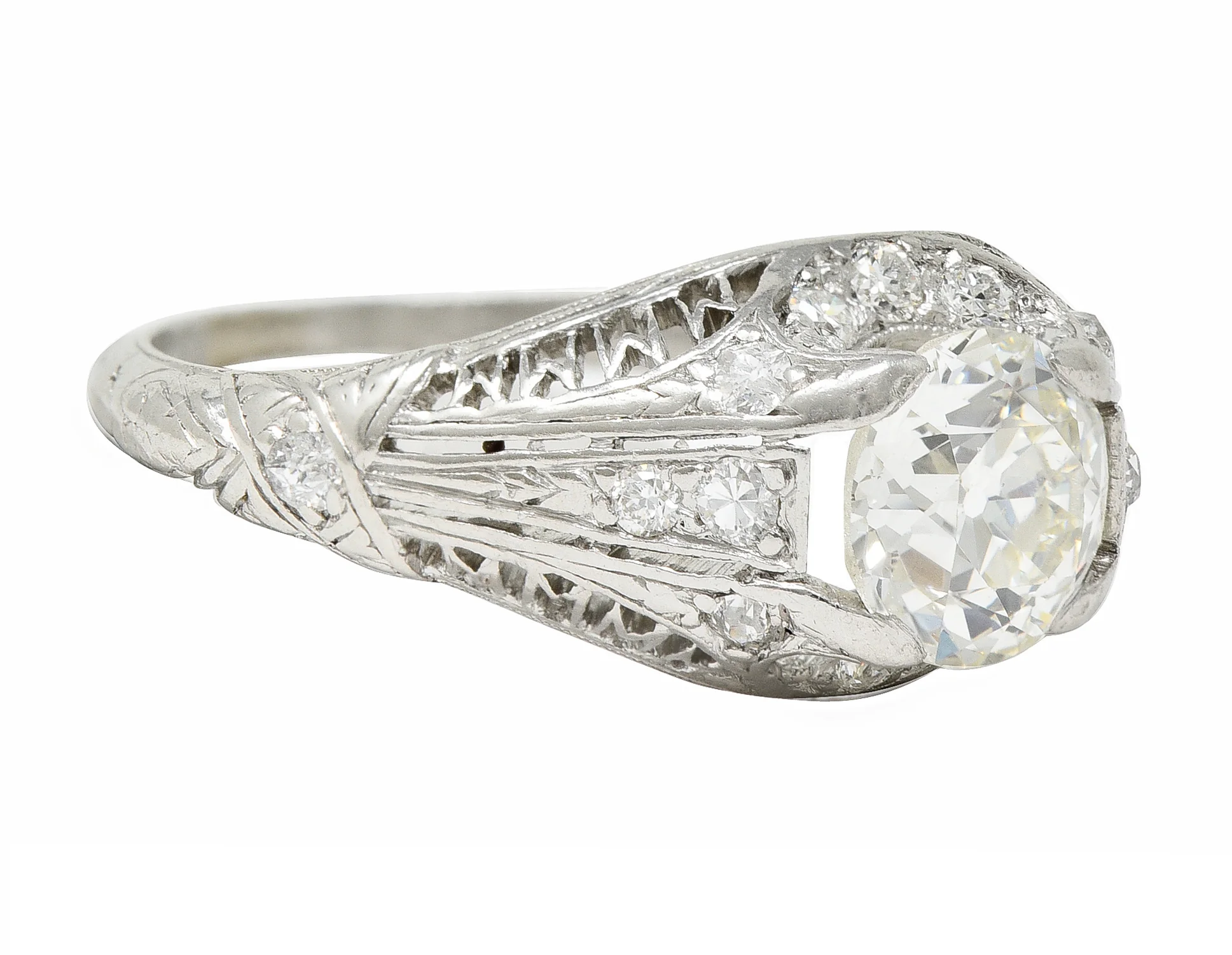 Art Deco 1.38 CTW Old European Diamond Platinum Crescent Cluster Vintage Engagement Ring - Image 3