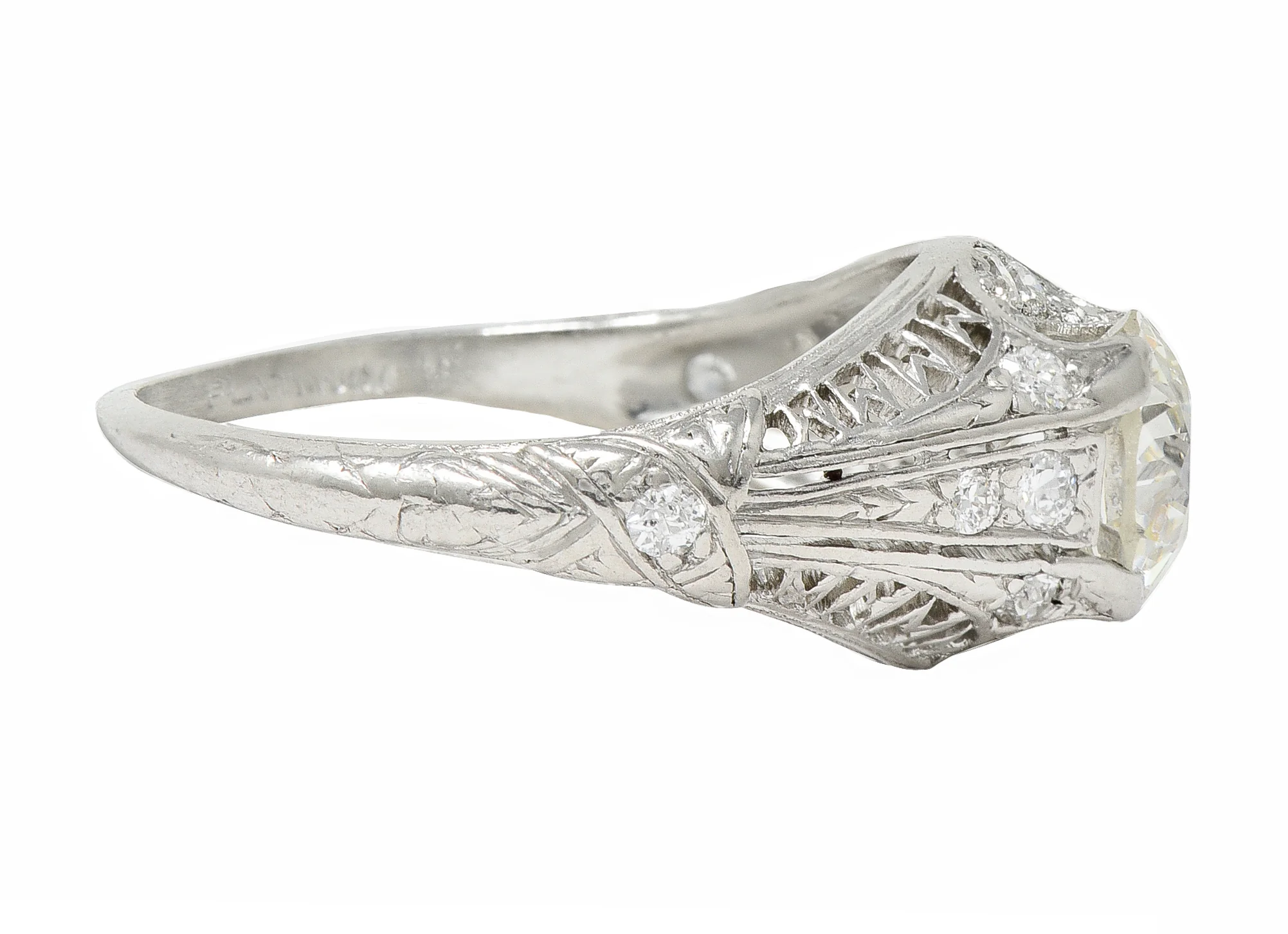 Art Deco 1.38 CTW Old European Diamond Platinum Crescent Cluster Vintage Engagement Ring - Image 4