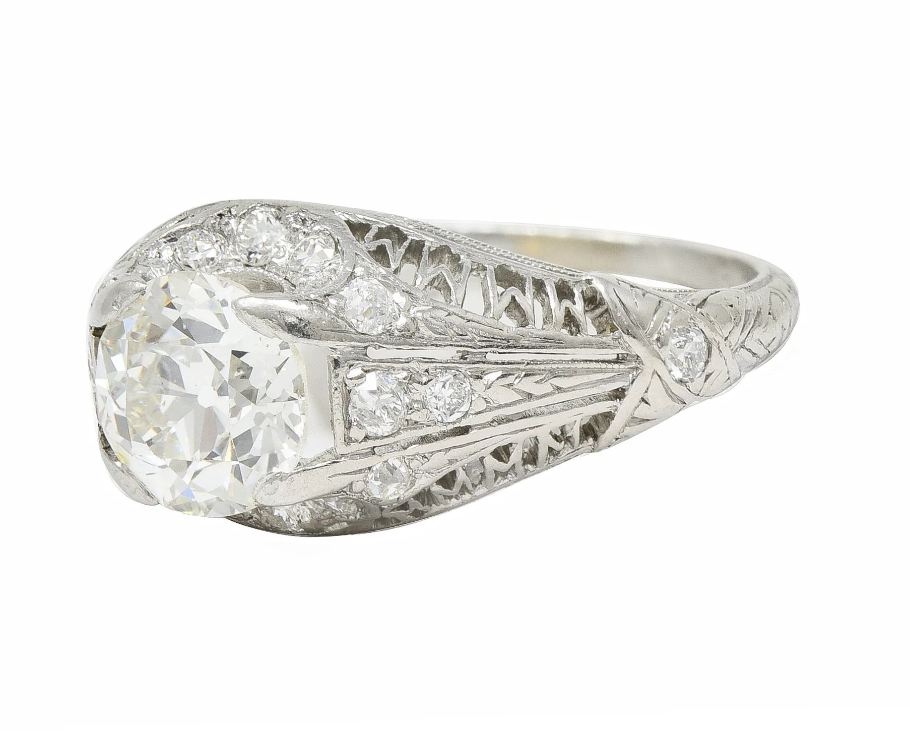 Art Deco 1.38 CTW Old European Diamond Platinum Crescent Cluster Vintage Engagement Ring - Image 7