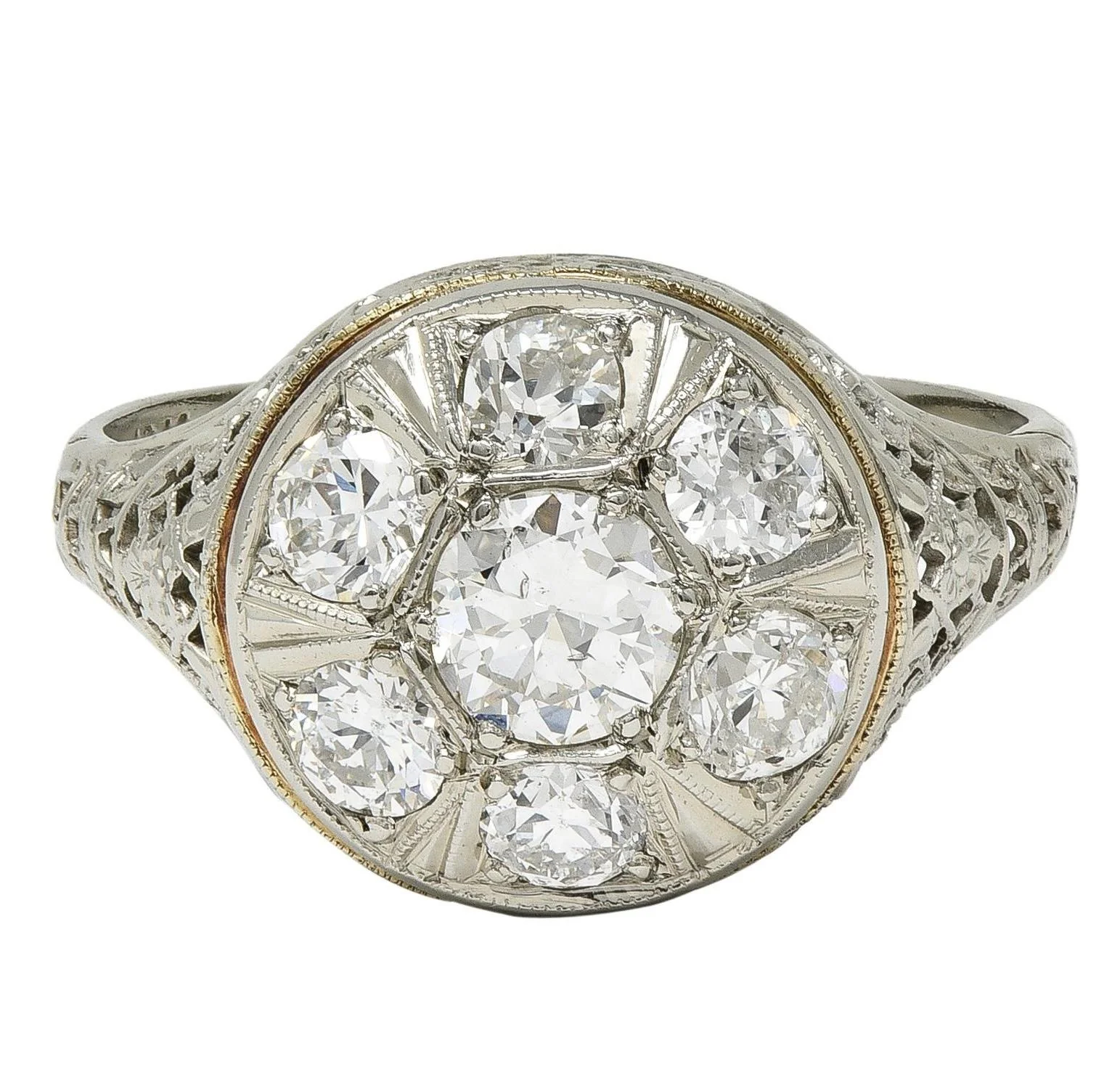 Art Deco 1.40 CTW Diamond 18 Karat White Gold Vintage Trellis Cluster Ring