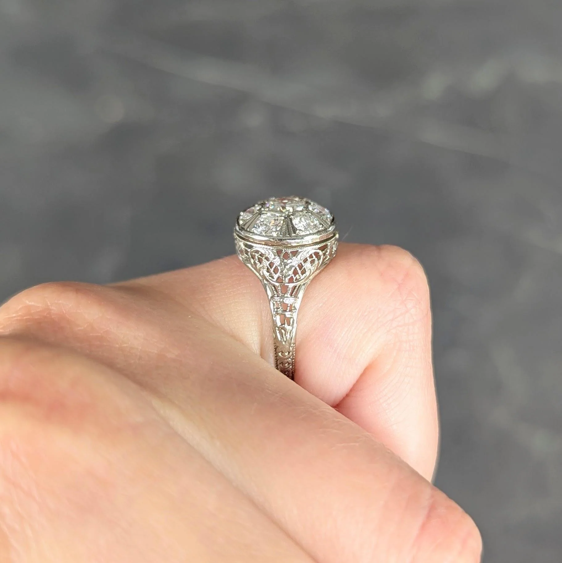 Art Deco 1.40 CTW Diamond 18 Karat White Gold Vintage Trellis Cluster Ring - Image 10