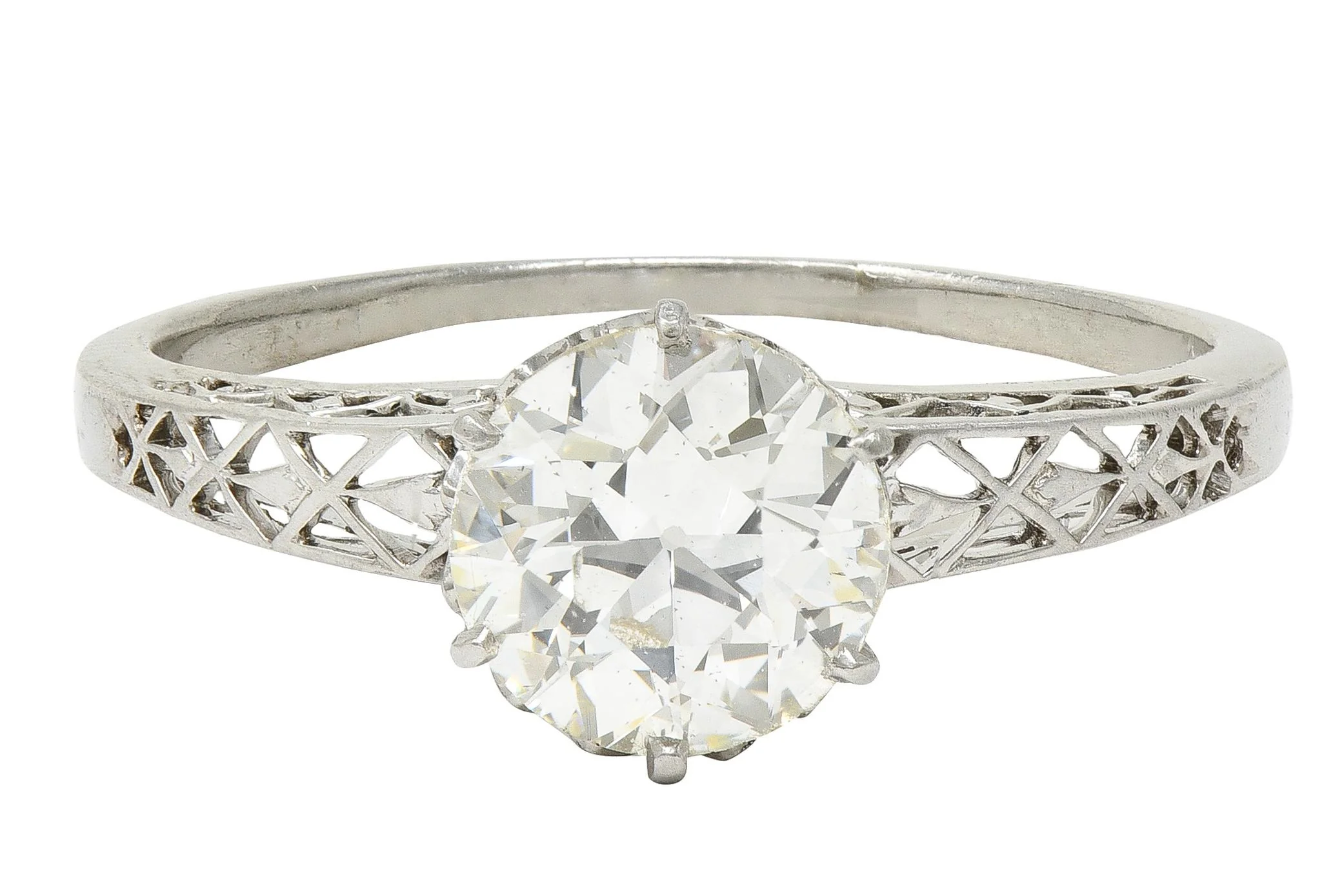 Art Deco 1.42 CTW Old European Cut Diamond Platinum Fleur-De-Lis Trellis Solitaire Engagement Ring