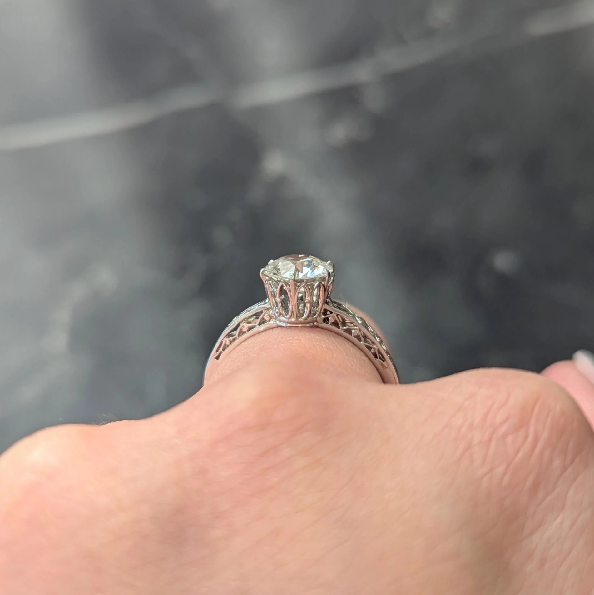 Art Deco 1.42 CTW Old European Cut Diamond Platinum Fleur-De-Lis Trellis Solitaire Engagement Ring - Image 10
